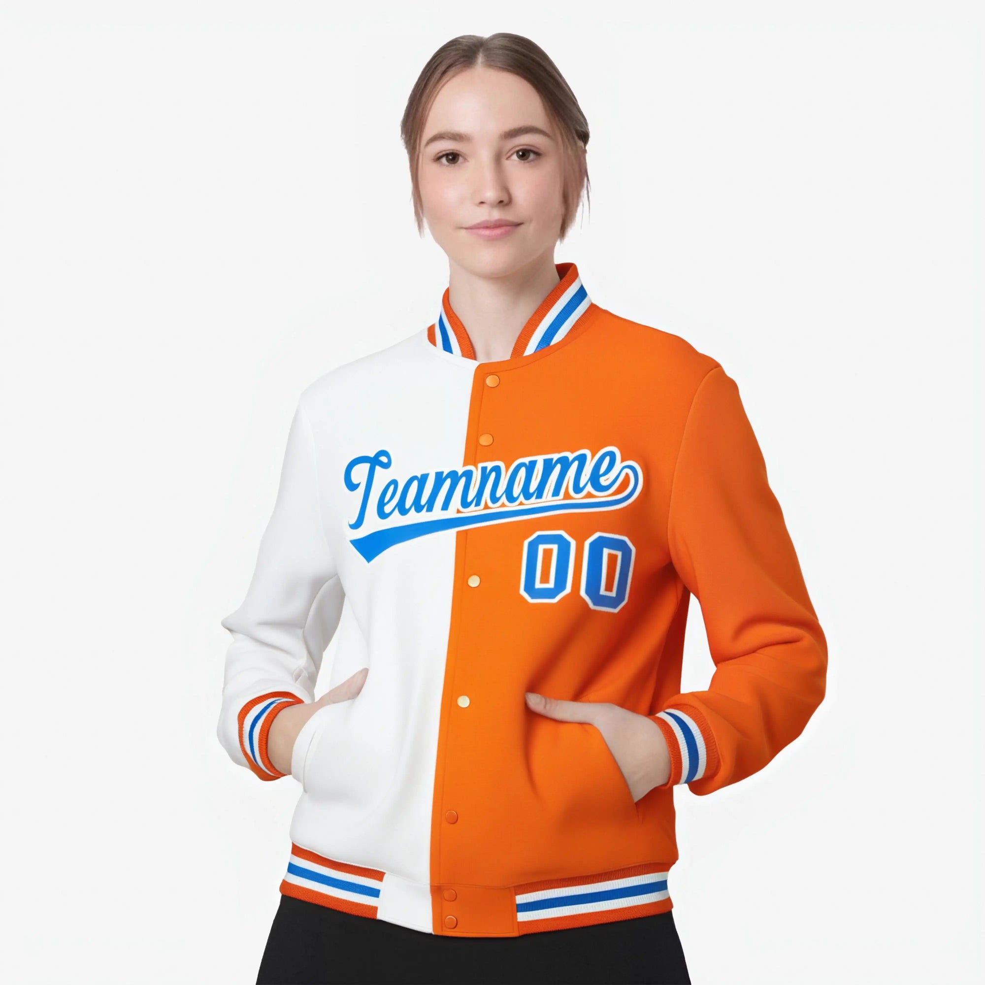 Custom White Light-Blue Orange Bomber Full-Snap Varsity Letterman Split Fashion Jacket