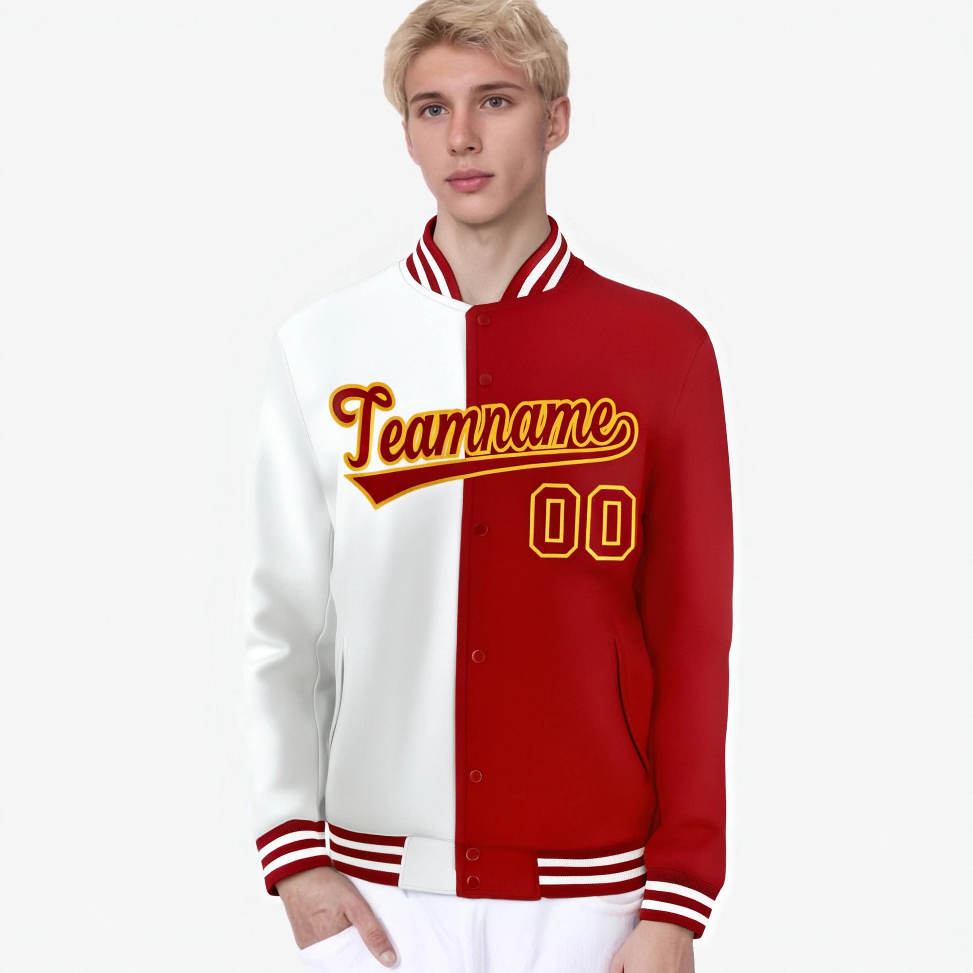 Custom White Gold Royal-Red Bomber Full-Snap Varsity Letterman Split Fashion Jacket