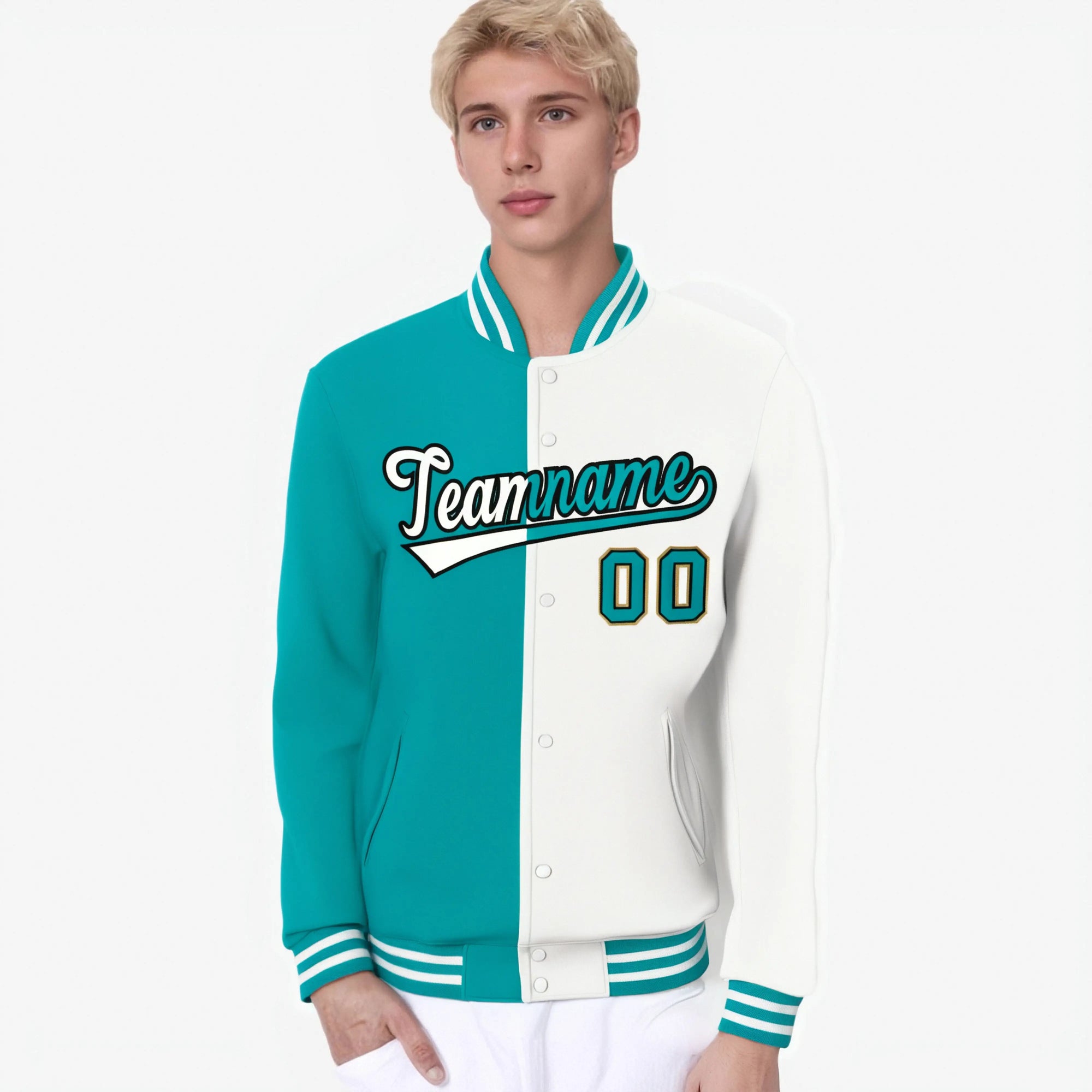 Custom Aqua Black White Bomber Full-Snap Varsity Letterman Split Fashion Jacket