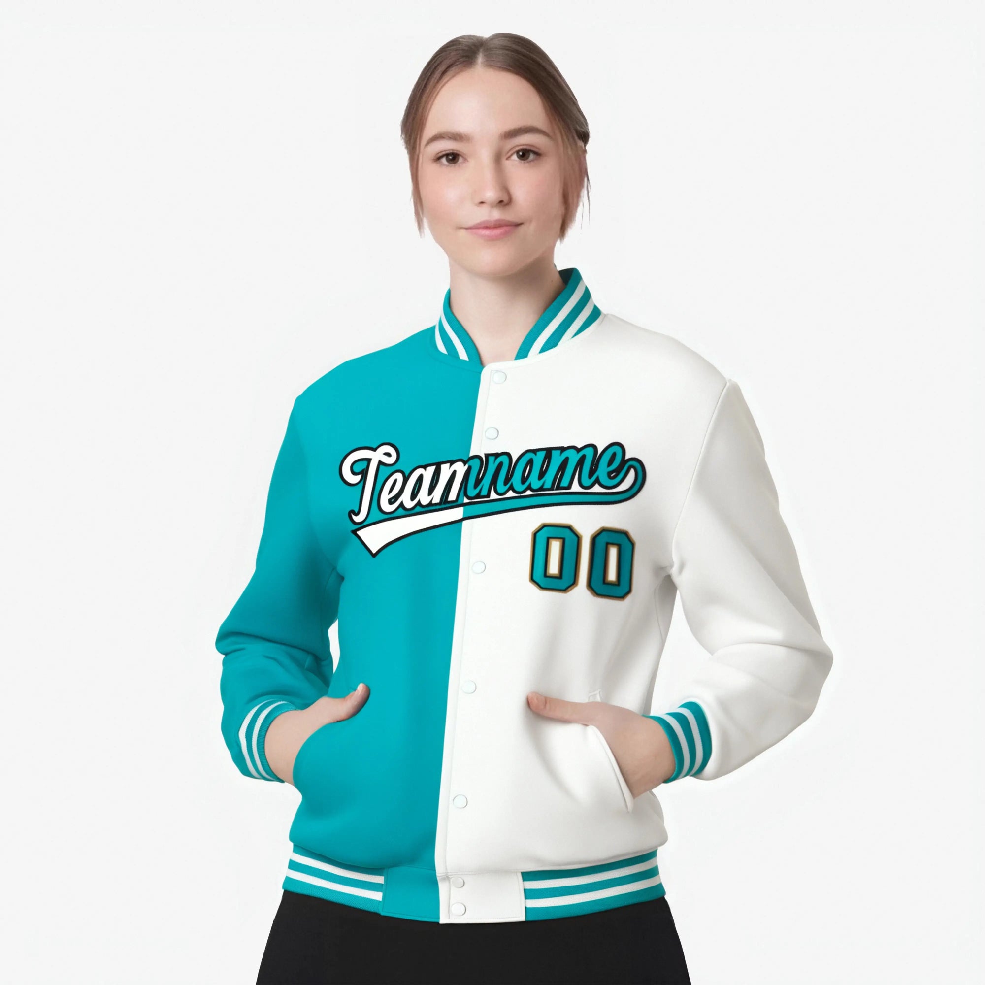 Custom Aqua Black White Bomber Full-Snap Varsity Letterman Split Fashion Jacket