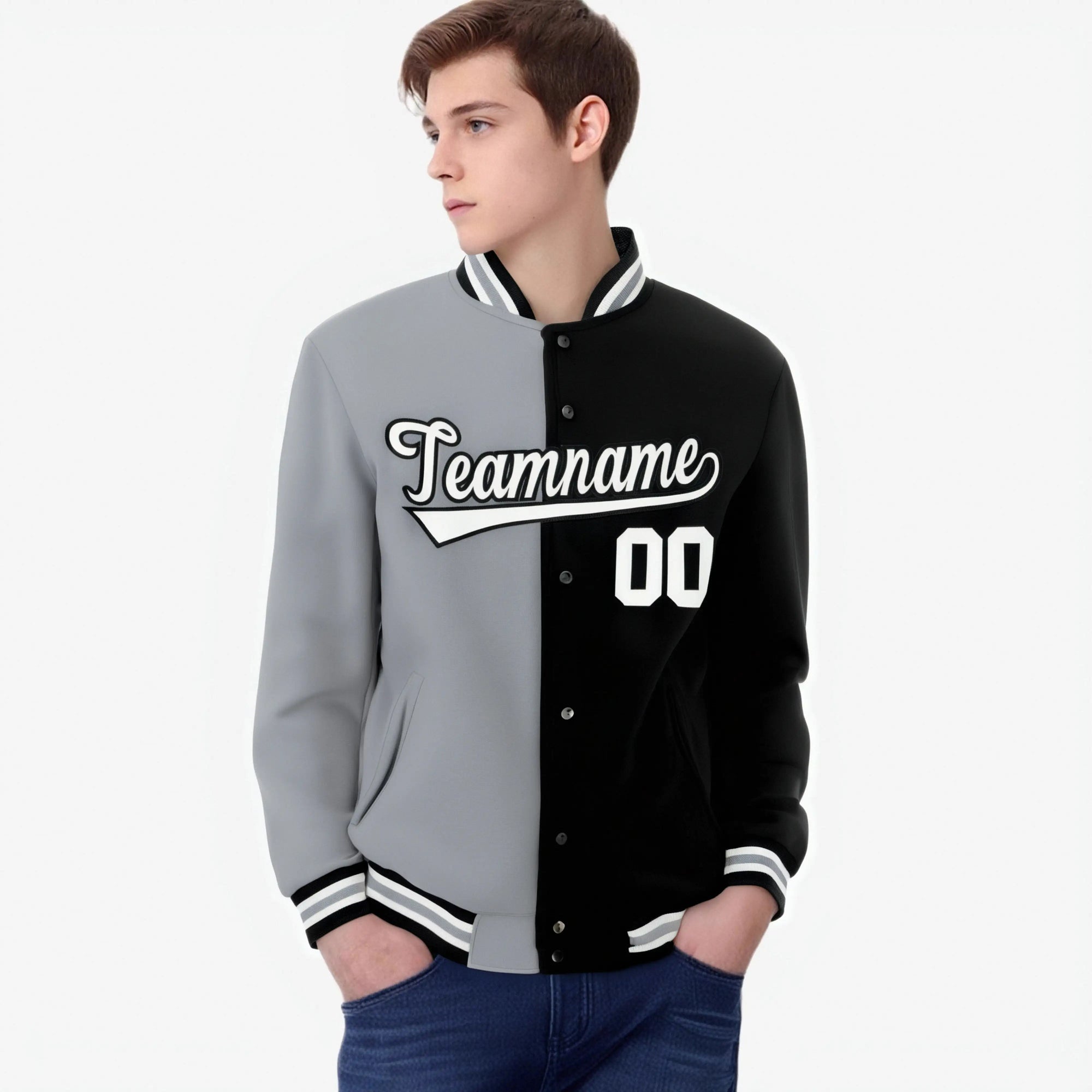 Custom Gray Black White Bomber Full-Snap Varsity Letterman Split Fashion Jacket