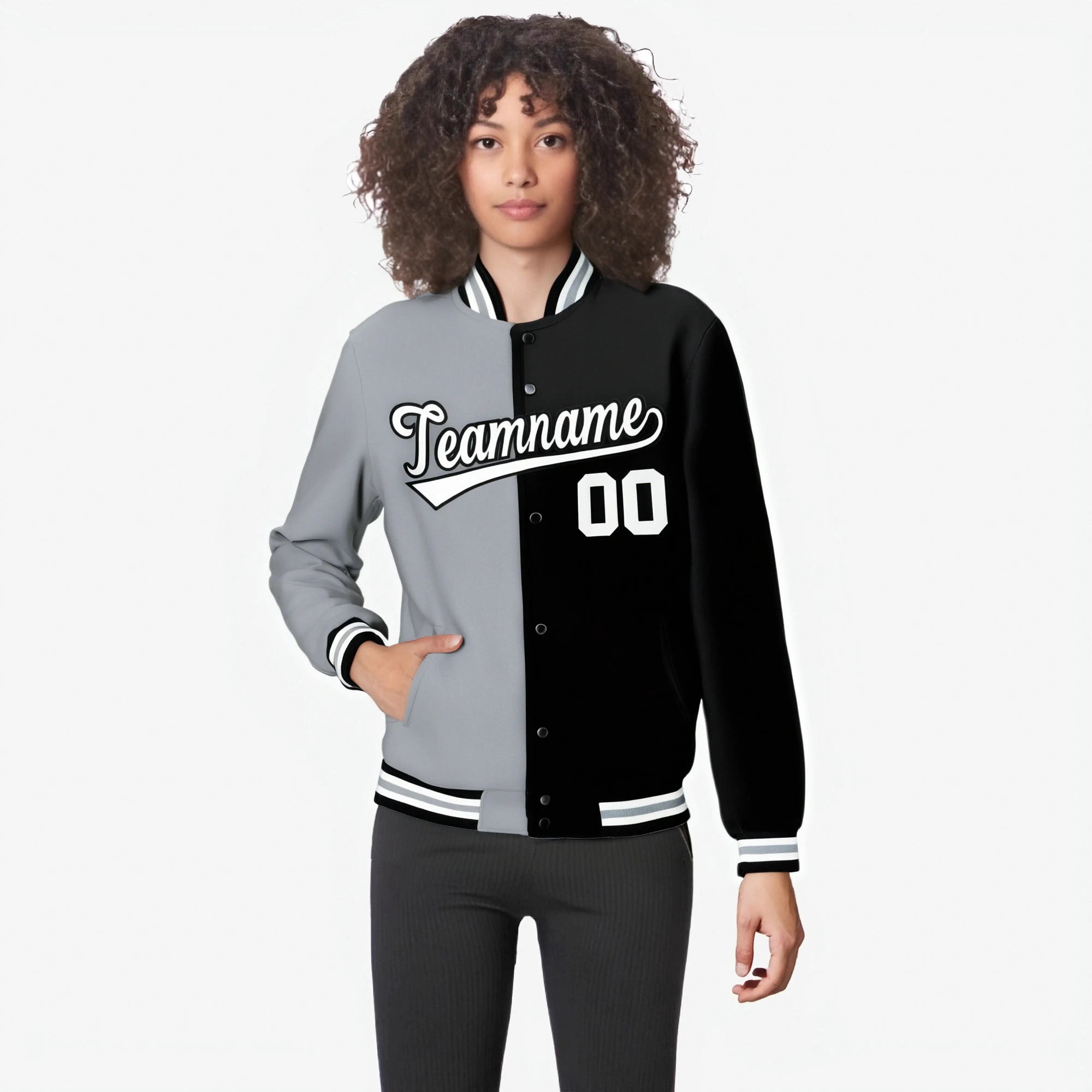 Custom Gray Black White Bomber Full-Snap Varsity Letterman Split Fashion Jacket