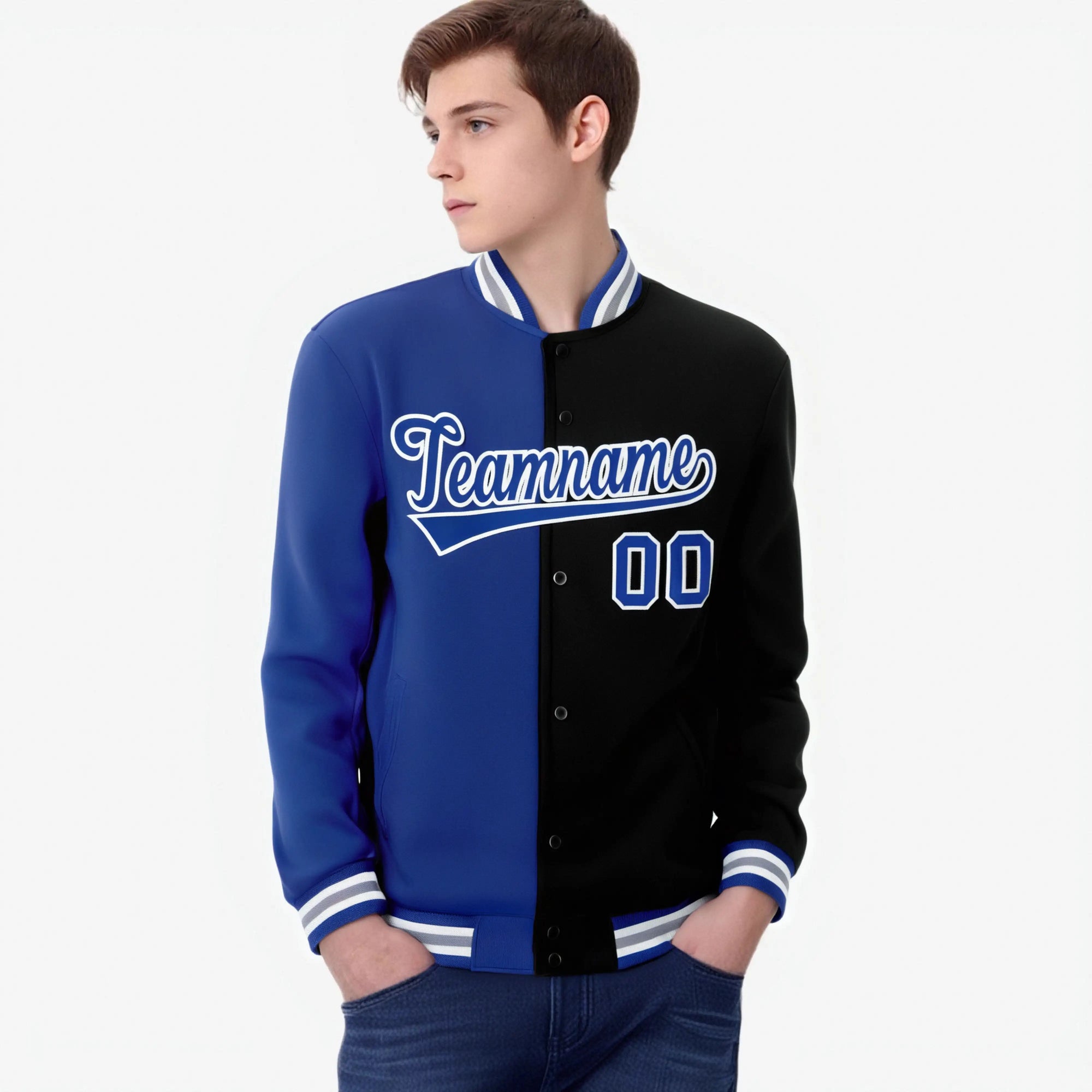 Custom Thunder-Blue Gray Black Bomber Full-Snap Varsity Letterman Split Fashion Jacket