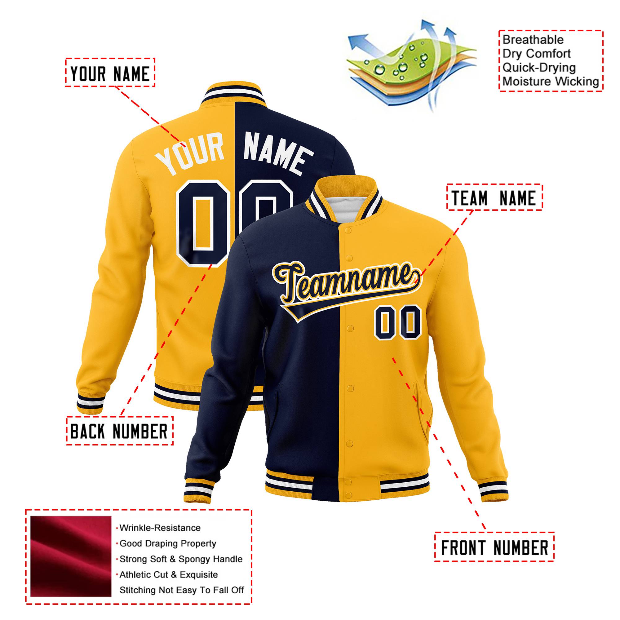 Custom Navy White Yellow Bomber Full-Snap Varsity Letterman Split Fashion Jacket