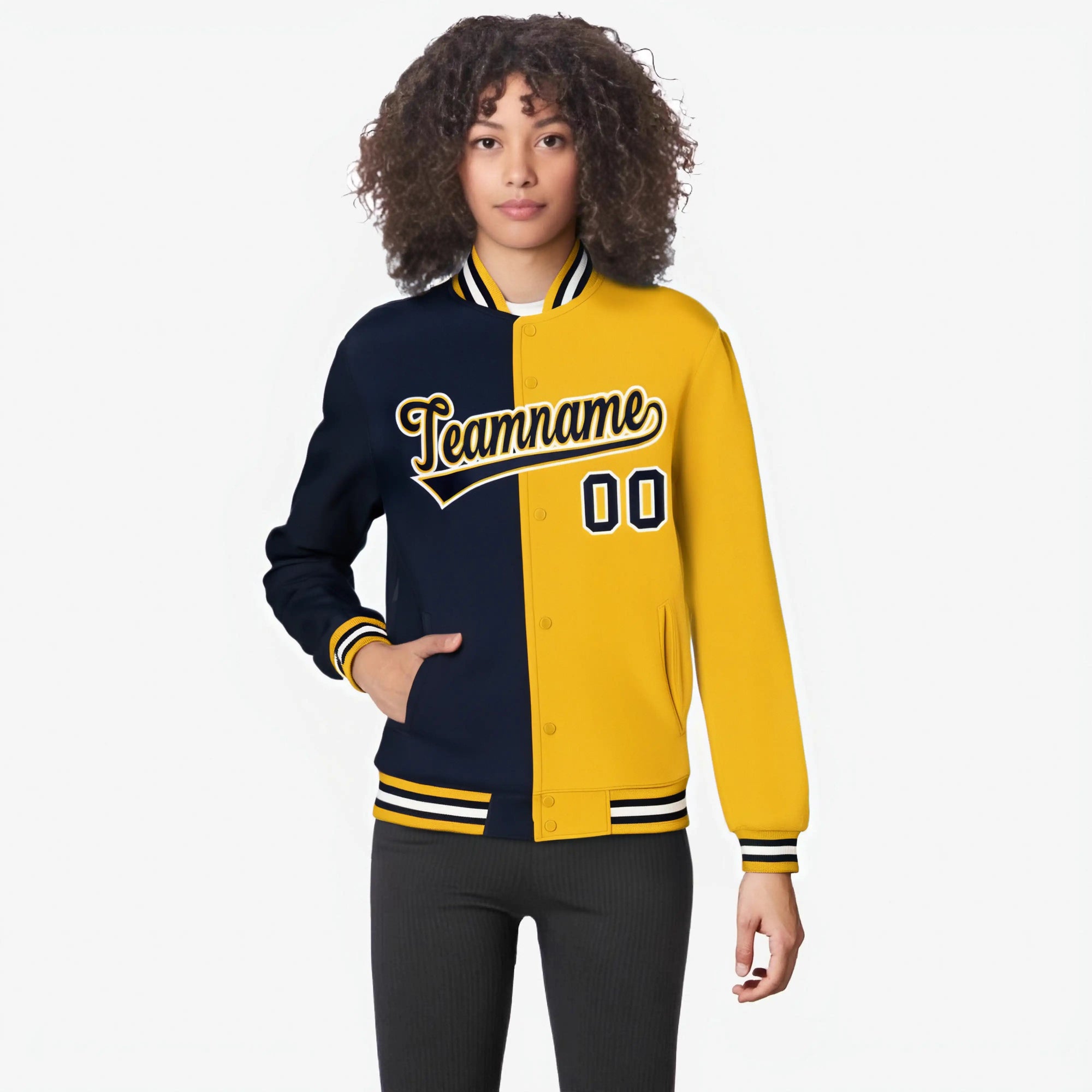 Custom Navy White Yellow Bomber Full-Snap Varsity Letterman Split Fashion Jacket