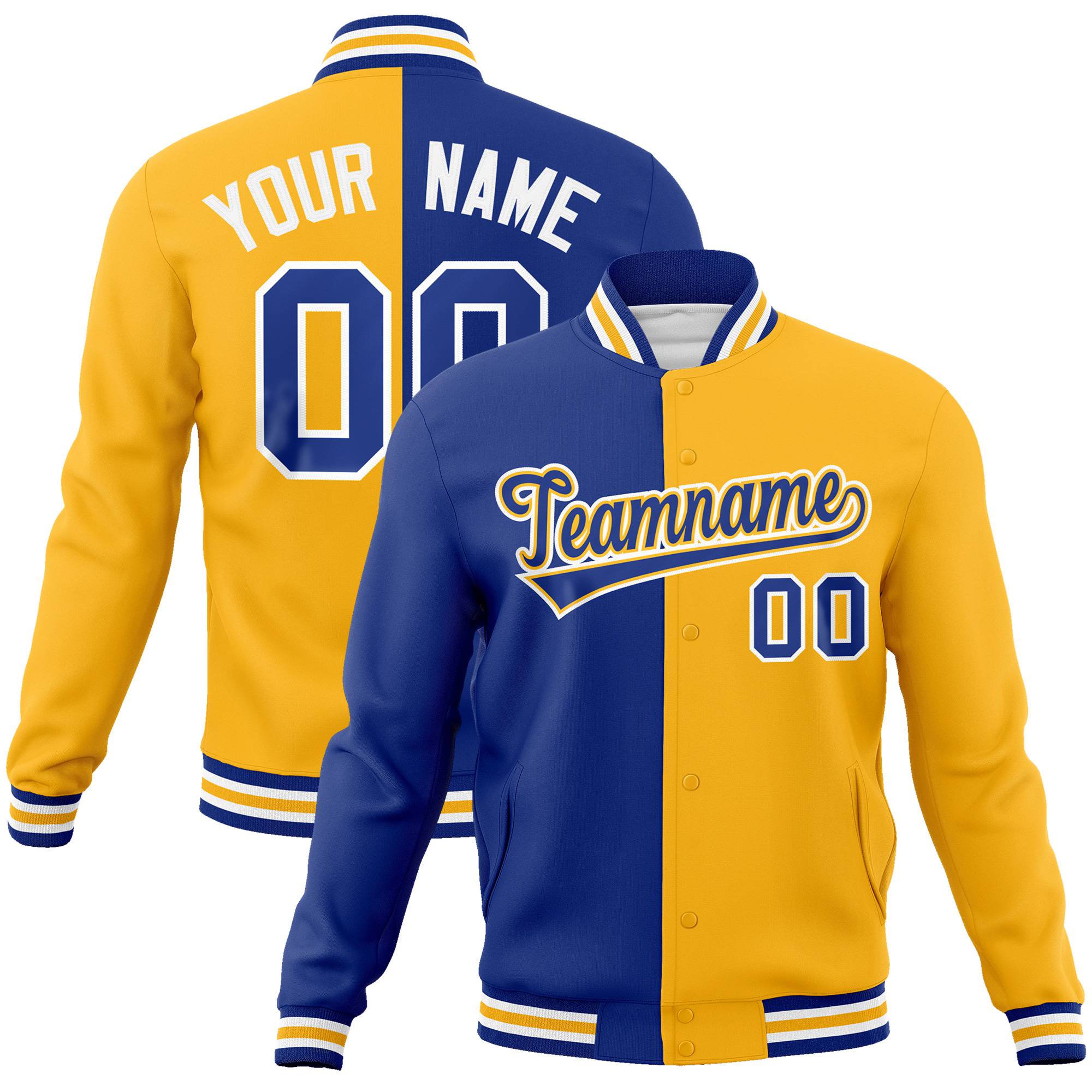 Custom Thunder-Blue White Yellow Bomber Full-Snap Varsity Letterman Split Fashion Jacket