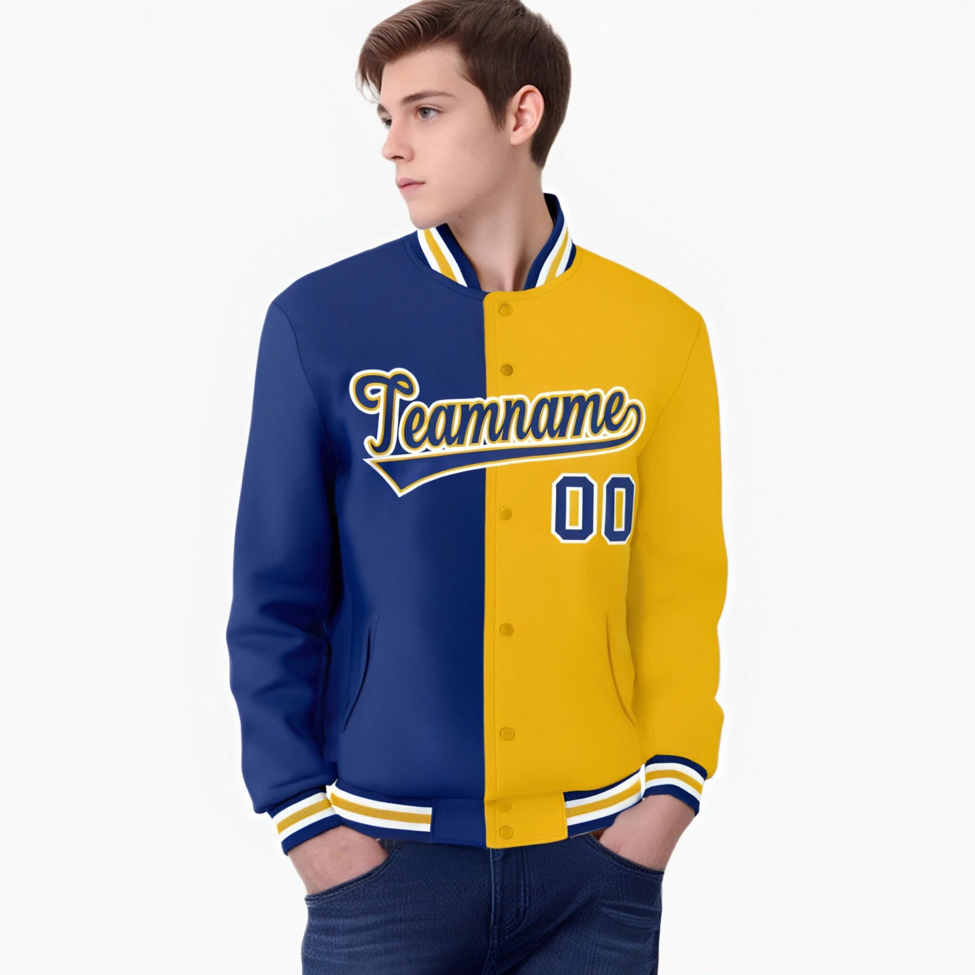 Custom Thunder-Blue White Yellow Bomber Full-Snap Varsity Letterman Split Fashion Jacket