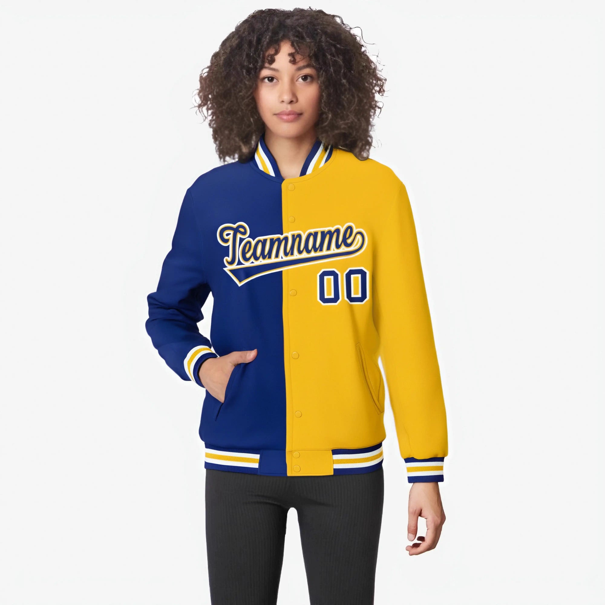 Custom Thunder-Blue White Yellow Bomber Full-Snap Varsity Letterman Split Fashion Jacket