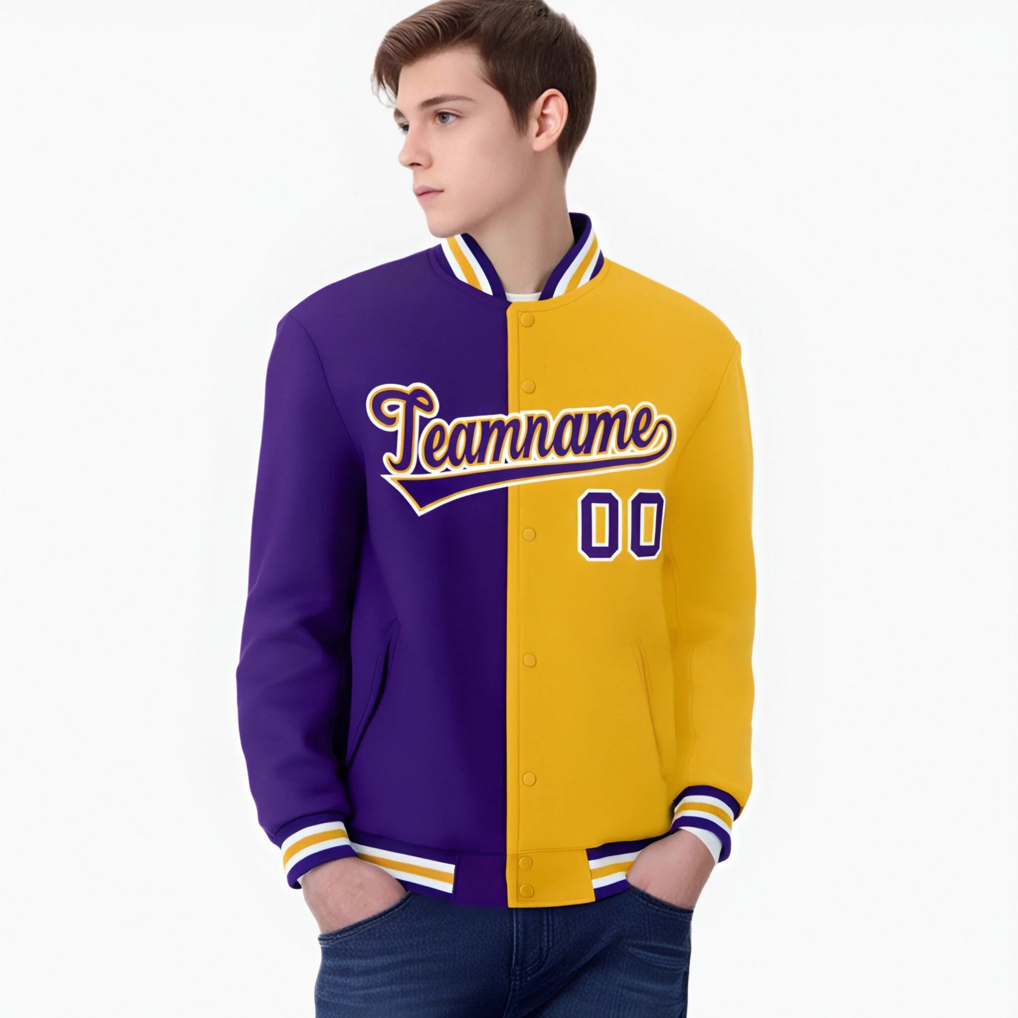 Custom Purple White Yellow Bomber Full-Snap Varsity Letterman Split Fashion Jacket