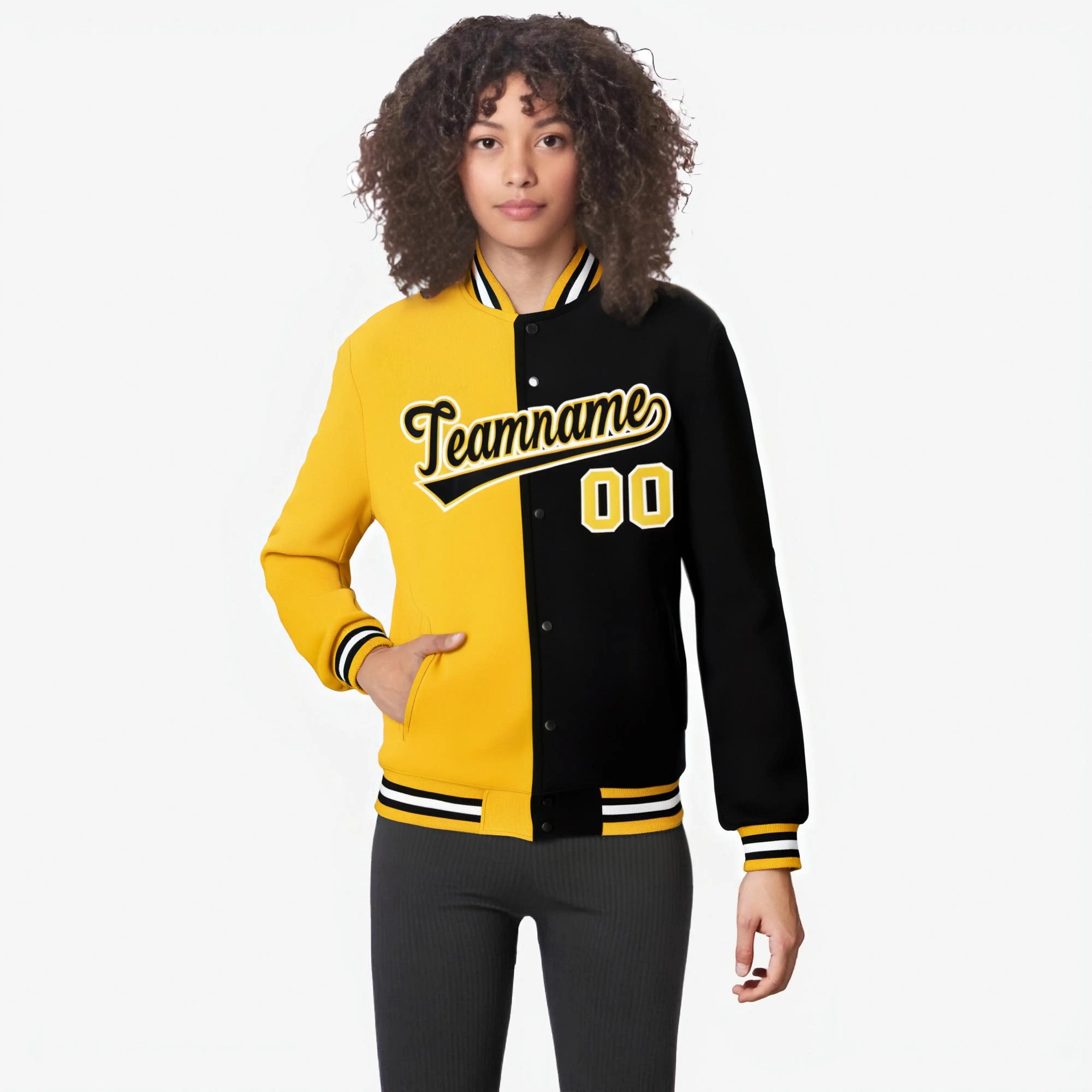 Custom Yellow White Black Bomber Full-Snap Varsity Letterman Split Fashion Jacket