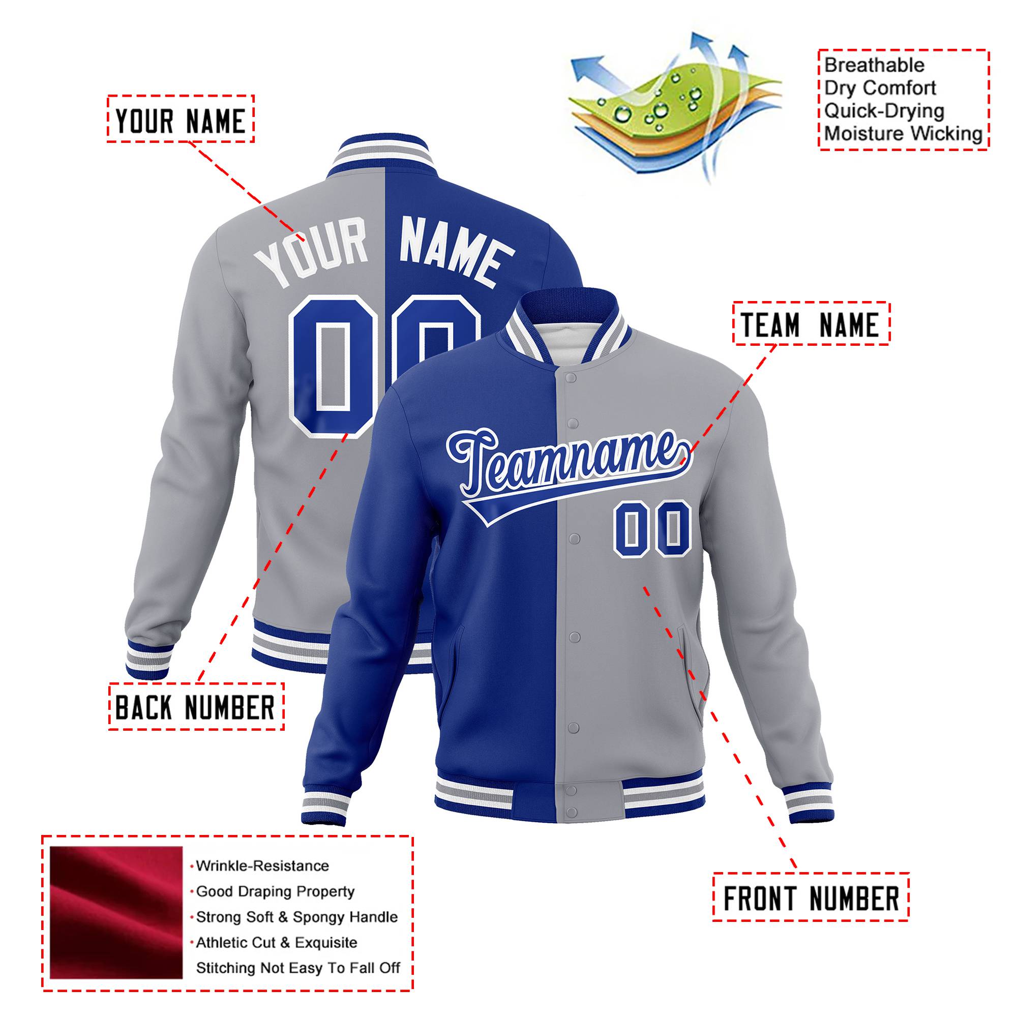 Custom Thunder-Blue White Gray Bomber Full-Snap Varsity Letterman Split Fashion Jacket