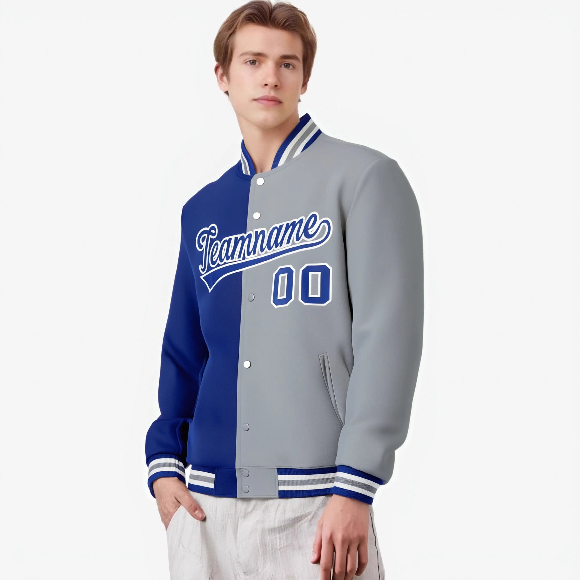 Custom Thunder-Blue White Gray Bomber Full-Snap Varsity Letterman Split Fashion Jacket