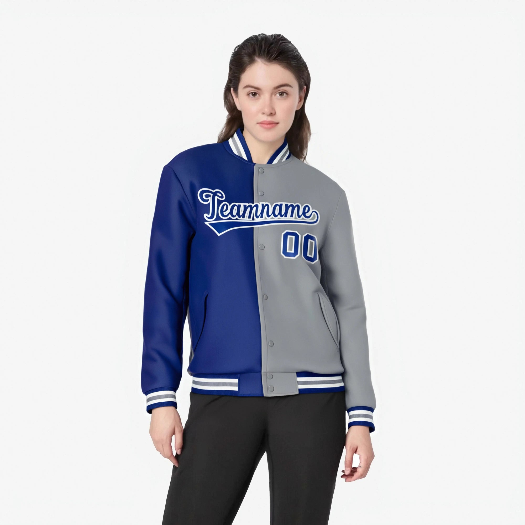 Custom Thunder-Blue White Gray Bomber Full-Snap Varsity Letterman Split Fashion Jacket