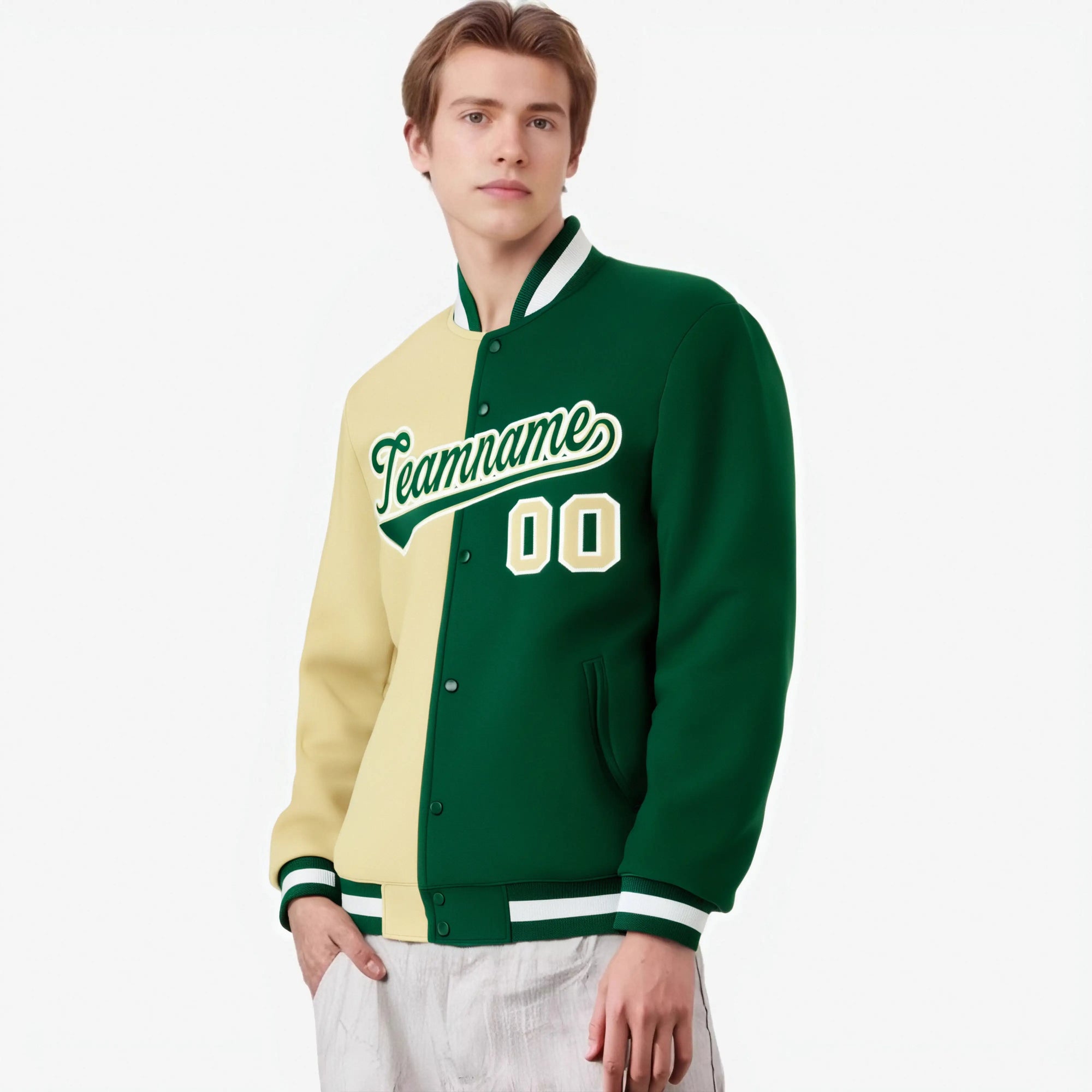 Custom Cream White Kelly-Green Bomber Full-Snap Varsity Letterman Split Fashion Jacket