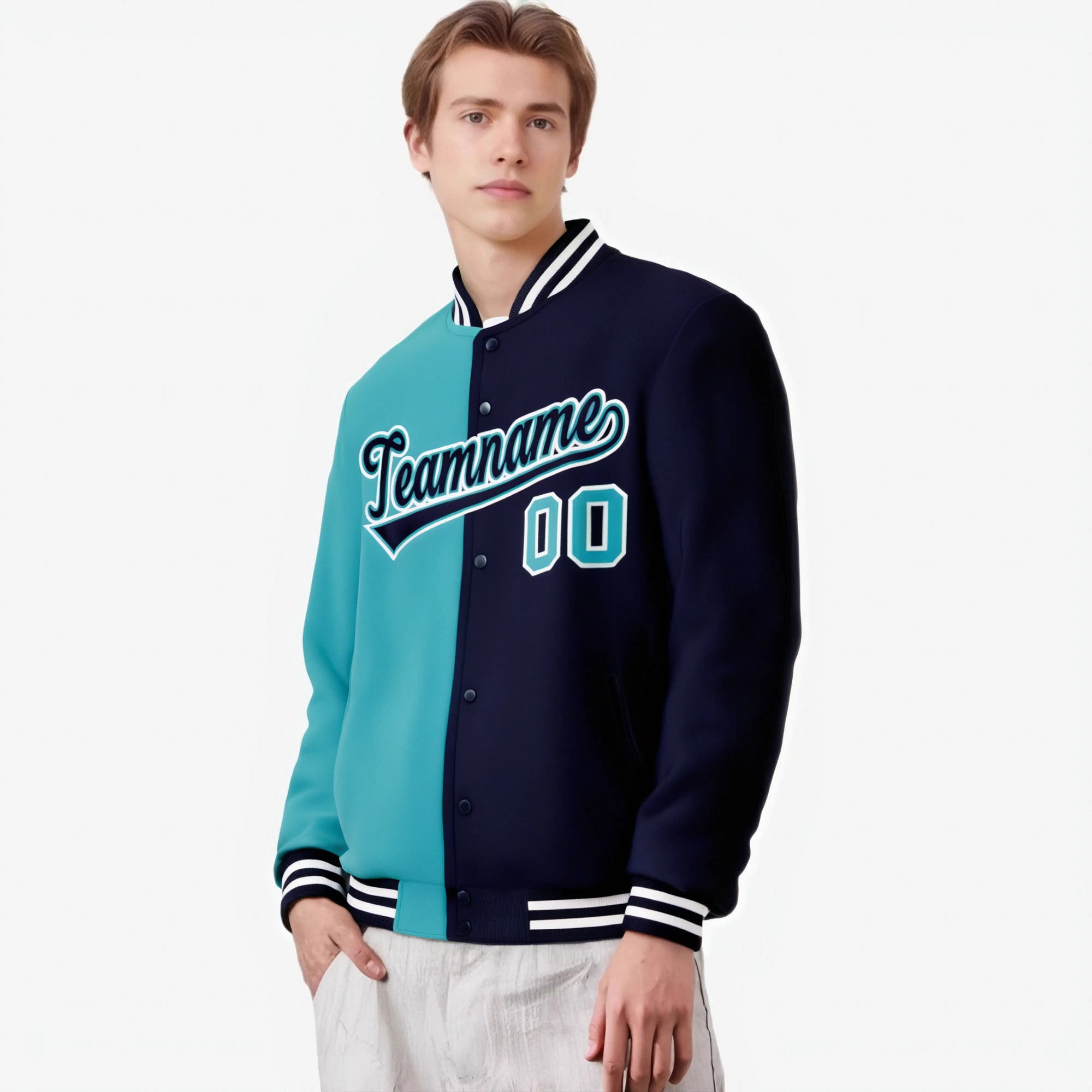 Custom Aqua White Navy Bomber Full-Snap Varsity Letterman Split Fashion Jacket