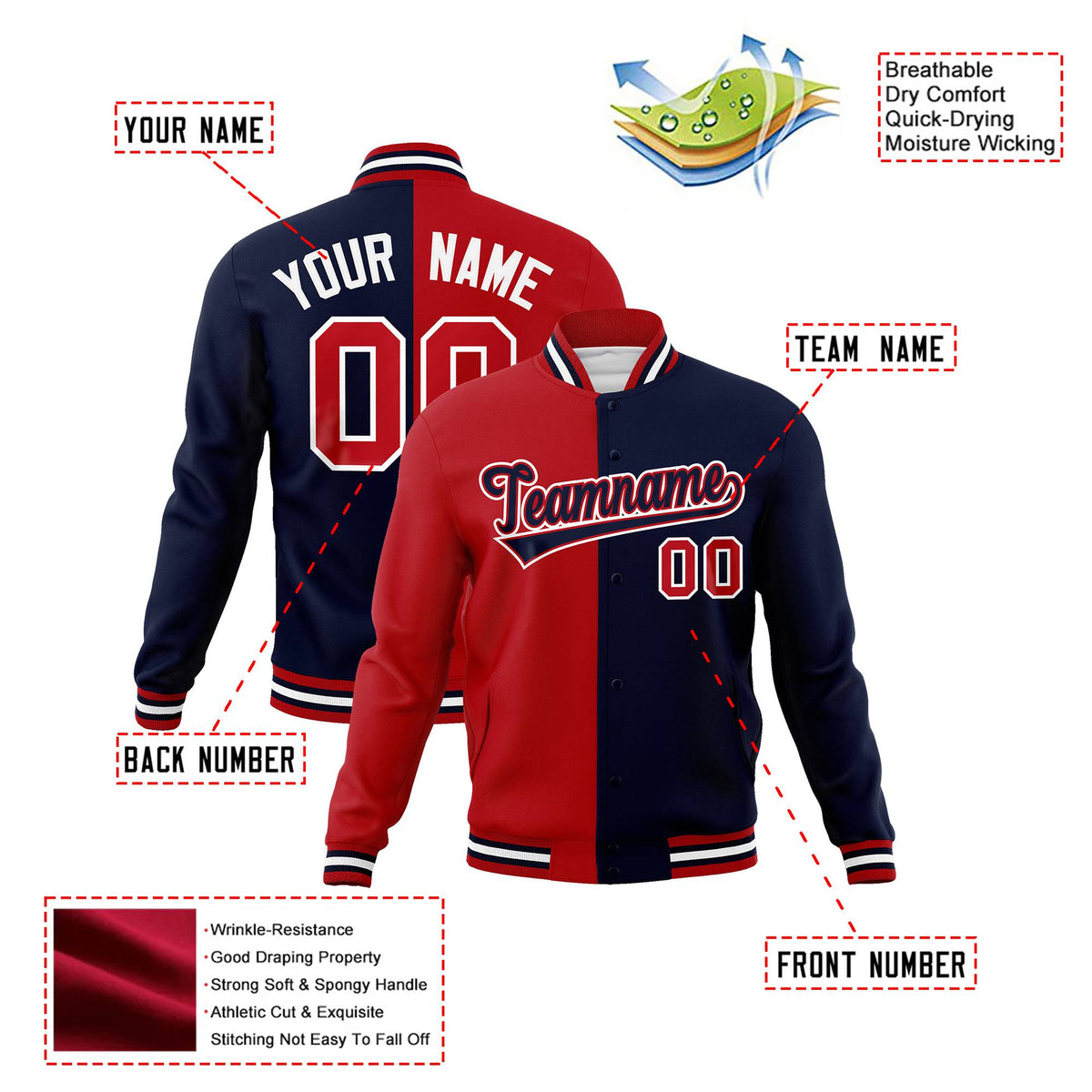 Custom Royal-Red White Navy Bomber Full-Snap Varsity Letterman Split Fashion Jacket