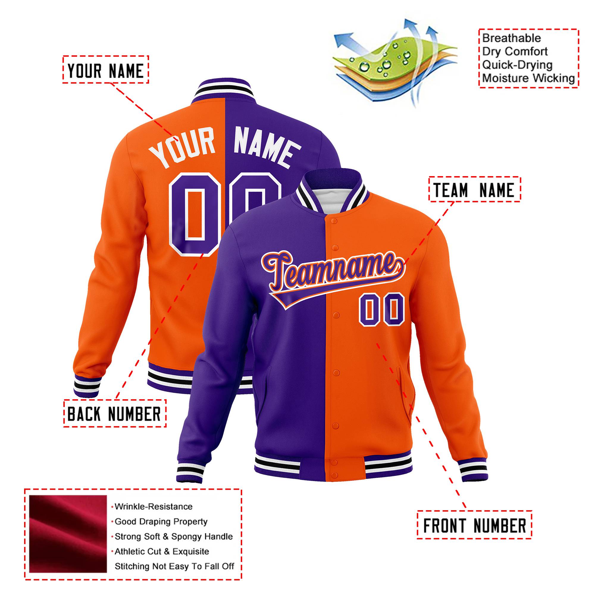 Custom Purple White Orange Bomber Full-Snap Varsity Letterman Split Fashion Jacket