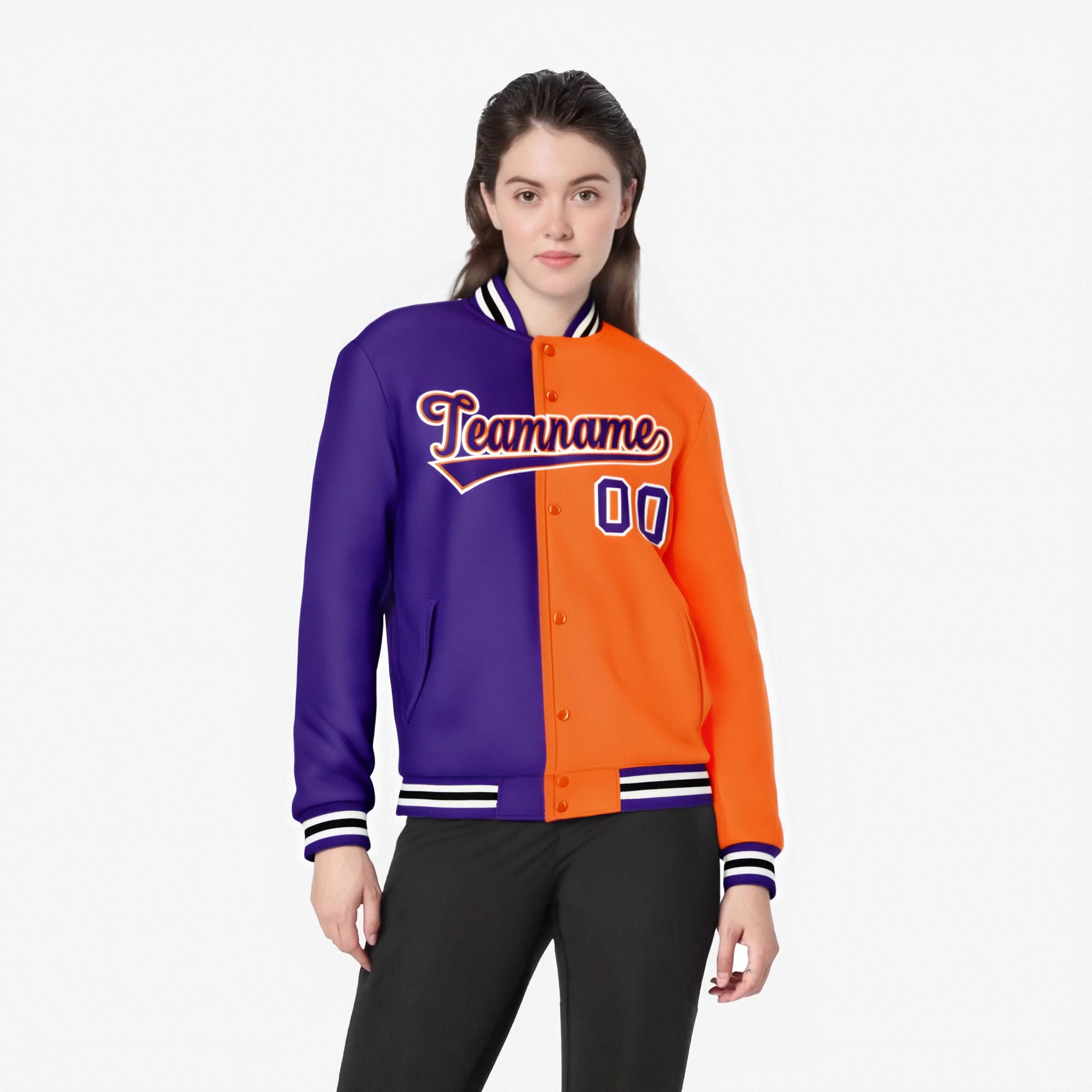 Custom Purple White Orange Bomber Full-Snap Varsity Letterman Split Fashion Jacket