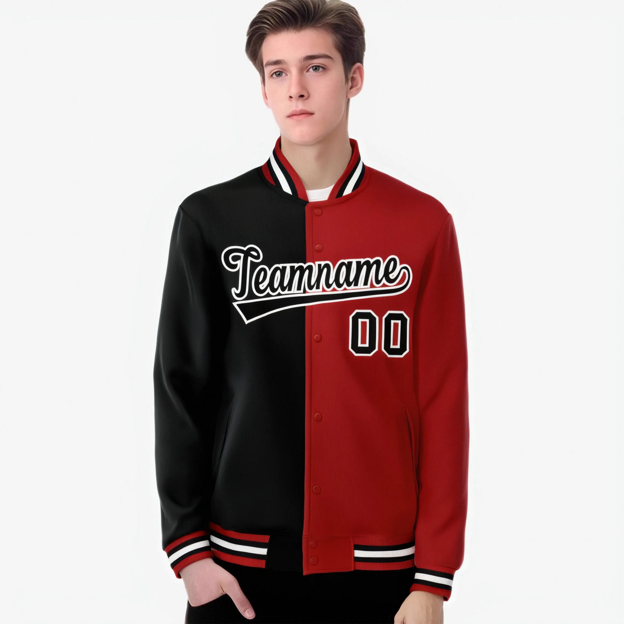 Custom Black White Royal-Red Bomber Full-Snap Varsity Letterman Split Fashion Jacket