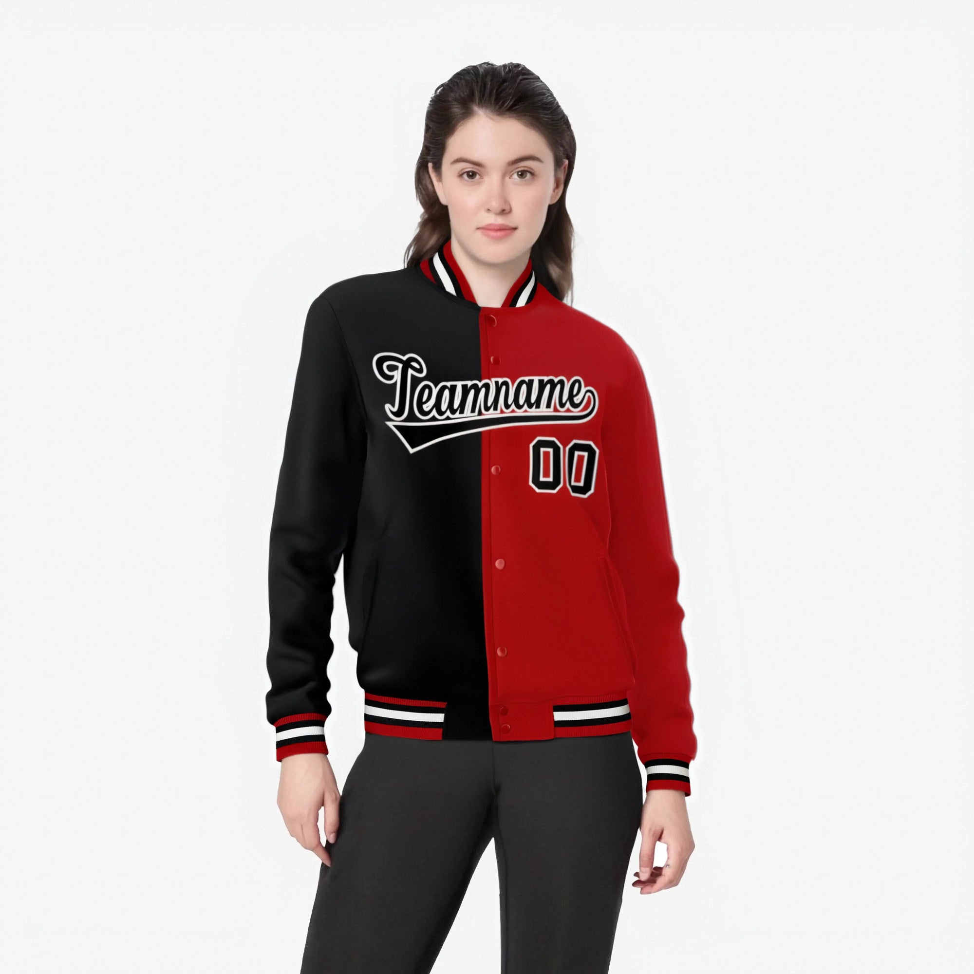 Custom Black White Royal-Red Bomber Full-Snap Varsity Letterman Split Fashion Jacket