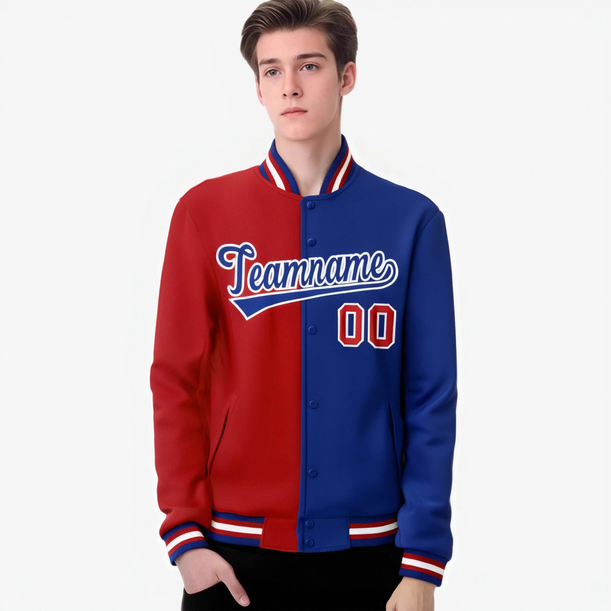 Custom Royal-Red White Thunder-Blue Bomber Full-Snap Varsity Letterman Split Fashion Jacket