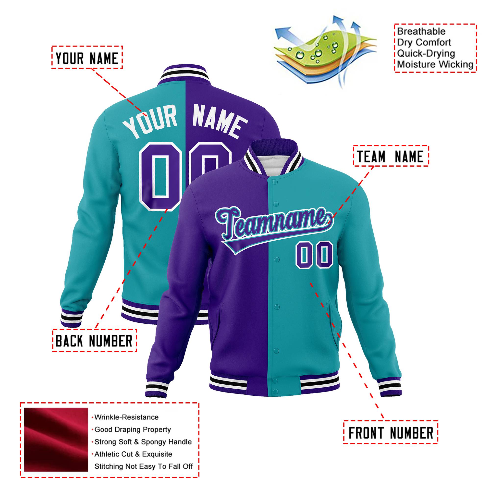 Custom Purple White Aqua Bomber Full-Snap Varsity Letterman Split Fashion Jacket