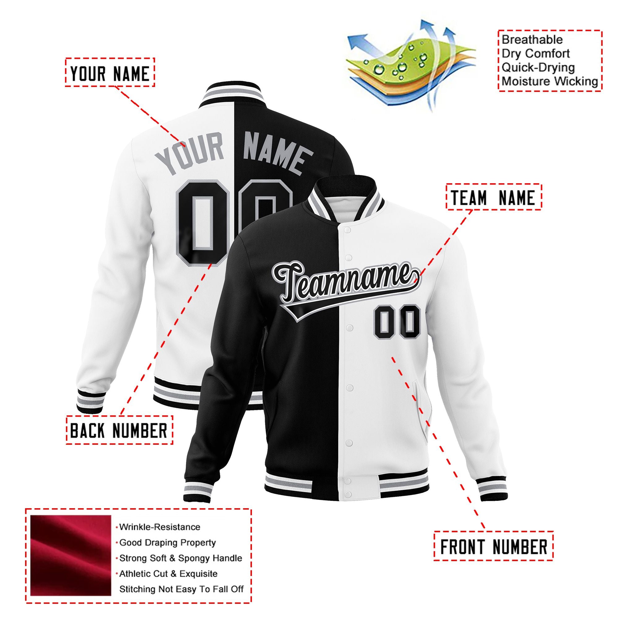 Custom Black Gray White Bomber Full-Snap Varsity Letterman Split Fashion Jacket