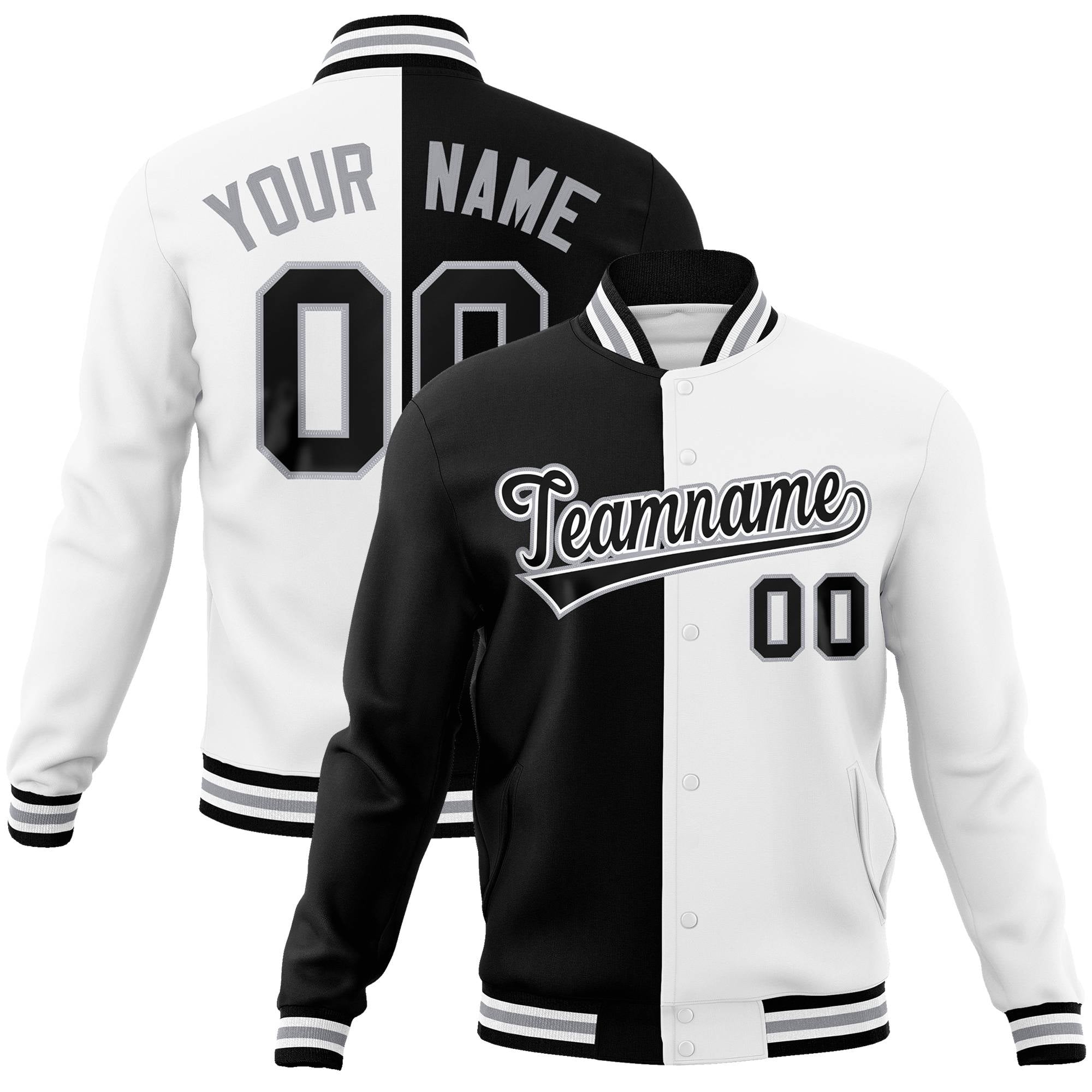 Custom Black Gray White Bomber Full-Snap Varsity Letterman Split Fashion Jacket