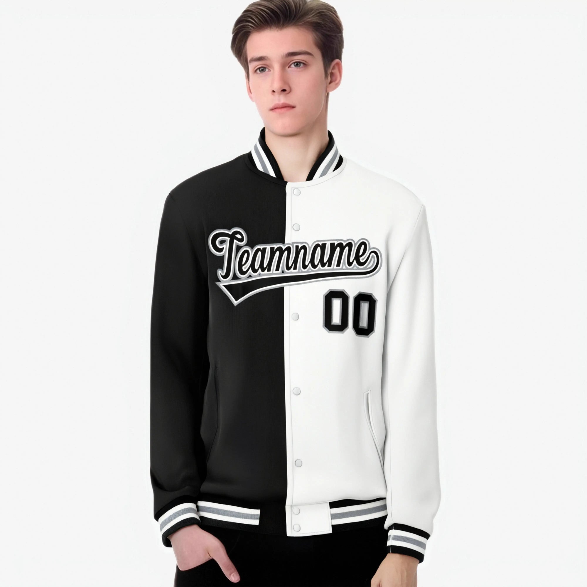 Custom Black Gray White Bomber Full-Snap Varsity Letterman Split Fashion Jacket