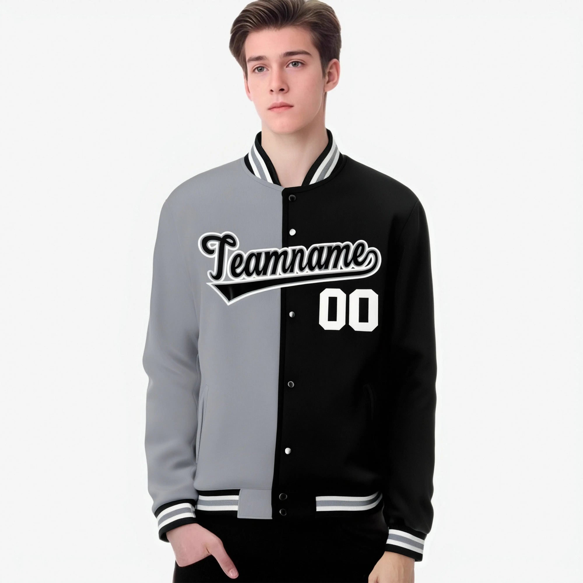 Custom Gray White Black Bomber Full-Snap Varsity Letterman Split Fashion Jacket