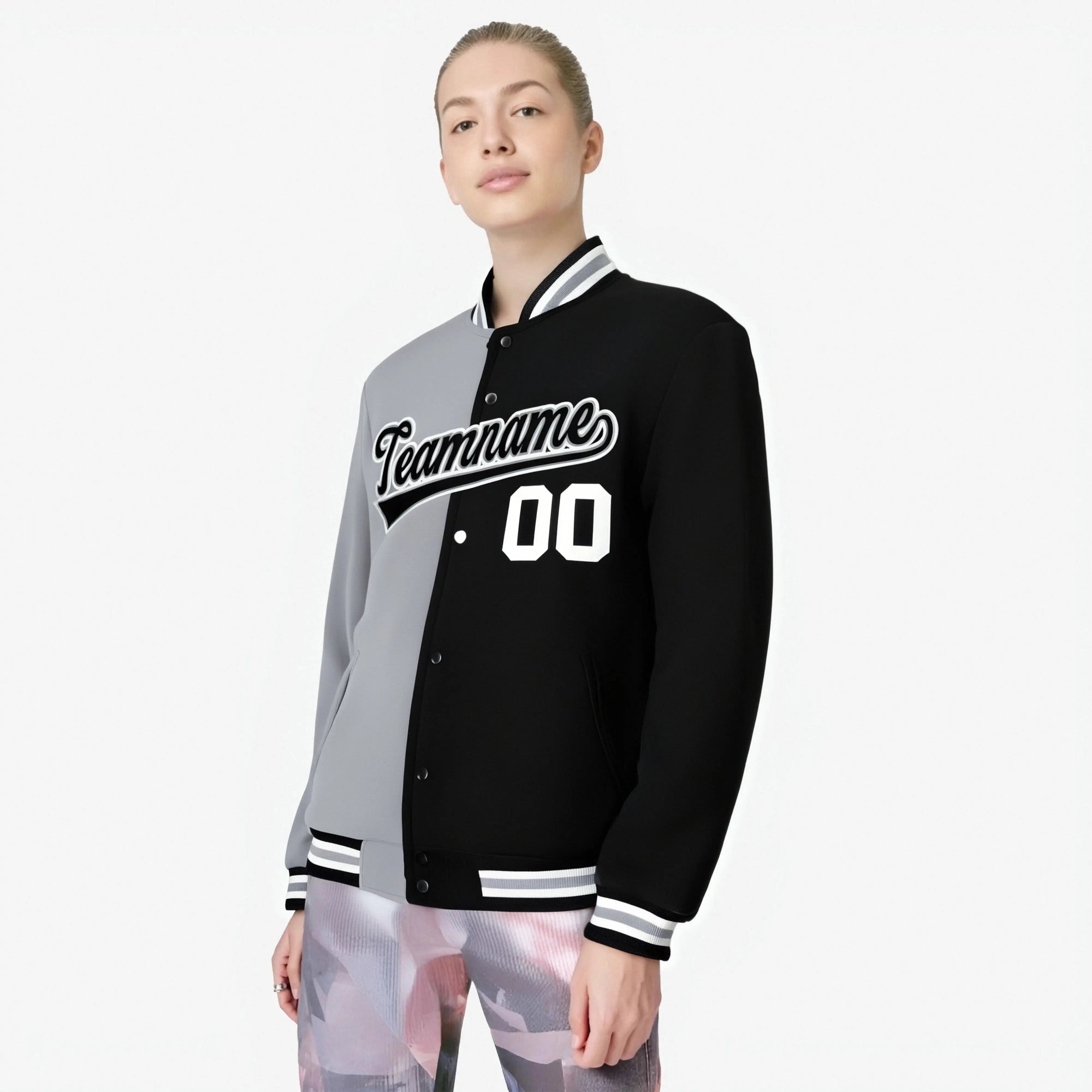 Custom Gray White Black Bomber Full-Snap Varsity Letterman Split Fashion Jacket