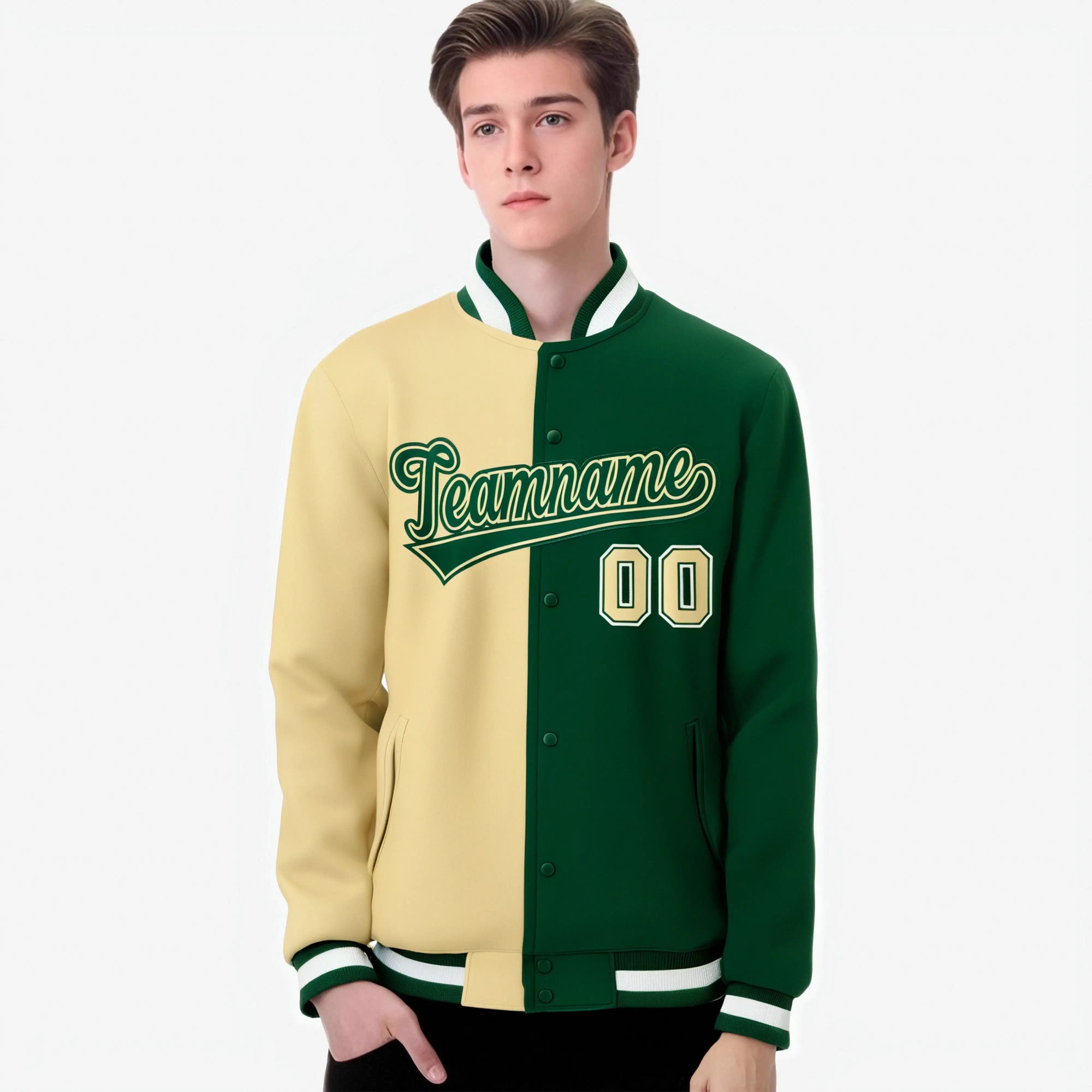 Custom Cream White Kelly-Green Bomber Full-Snap Varsity Letterman Split Fashion Jacket