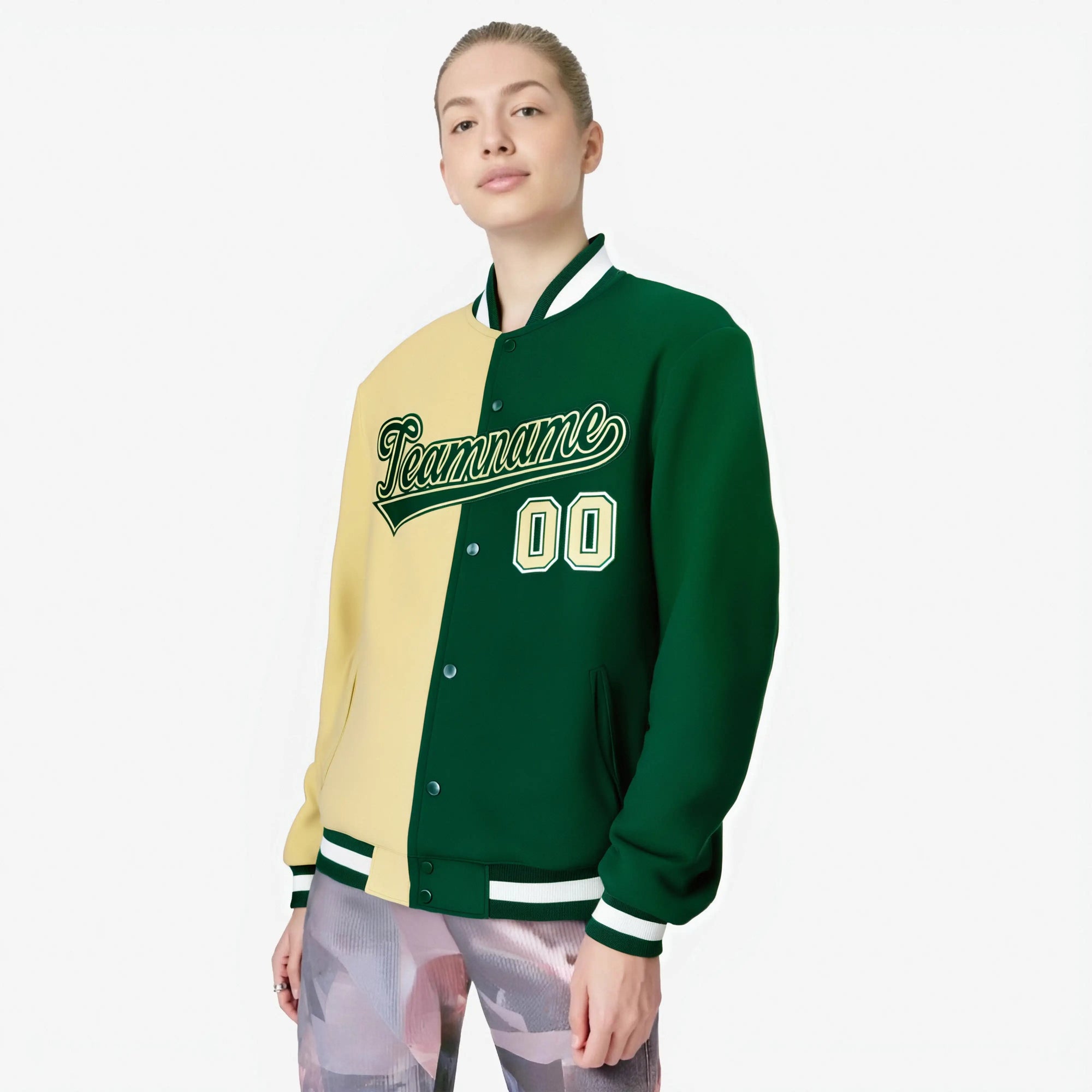 Custom Cream White Kelly-Green Bomber Full-Snap Varsity Letterman Split Fashion Jacket