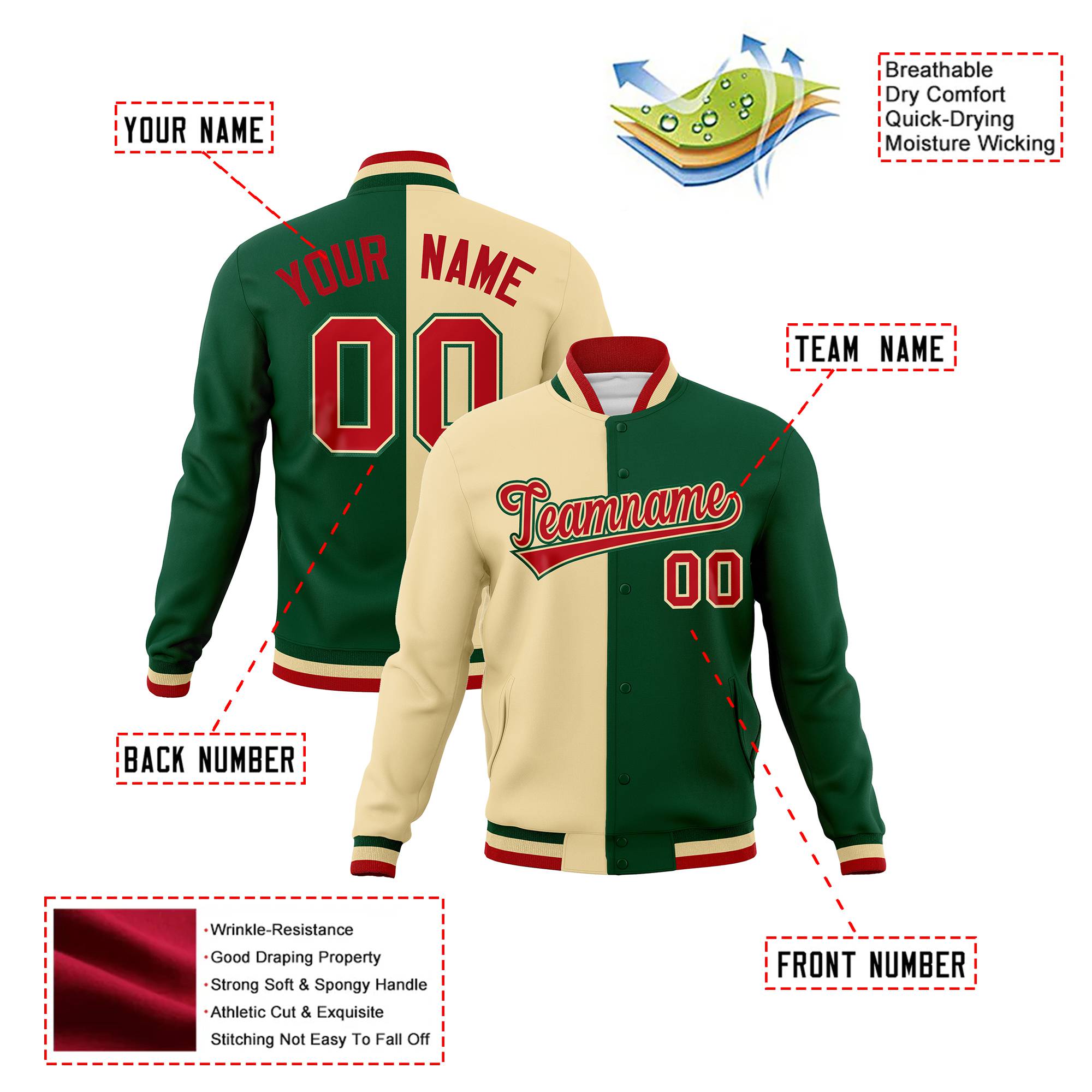 Custom Cream Red Kelly-Green Bomber Full-Snap Varsity Letterman Split Fashion Jacket