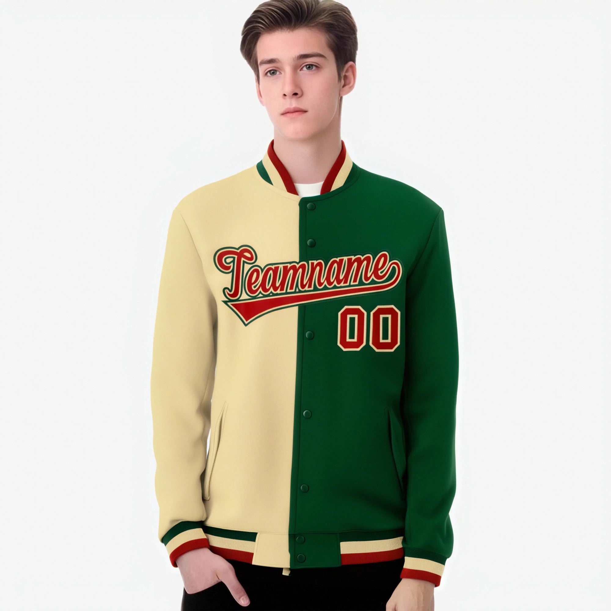 Custom Cream Red Kelly-Green Bomber Full-Snap Varsity Letterman Split Fashion Jacket