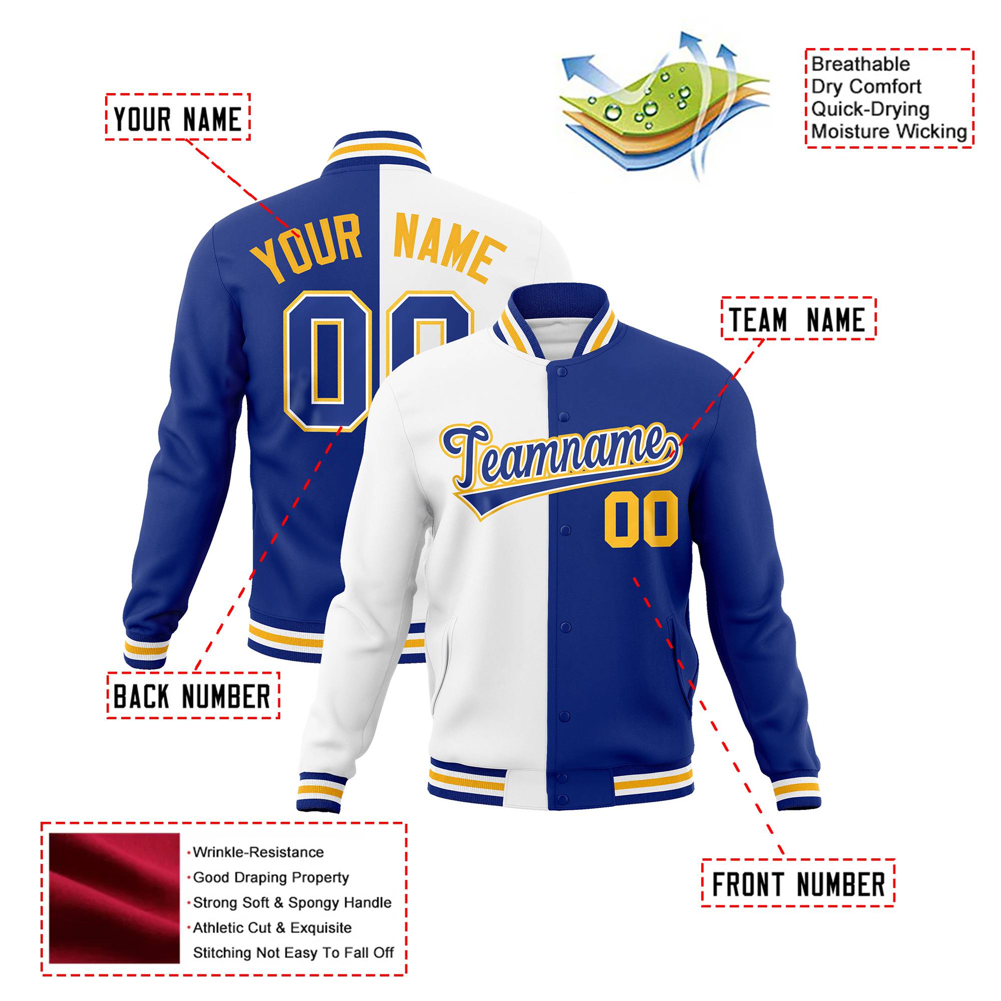 Custom White Thunder-Blue Gold Bomber Full-Snap Varsity Letterman Split Fashion Jacket