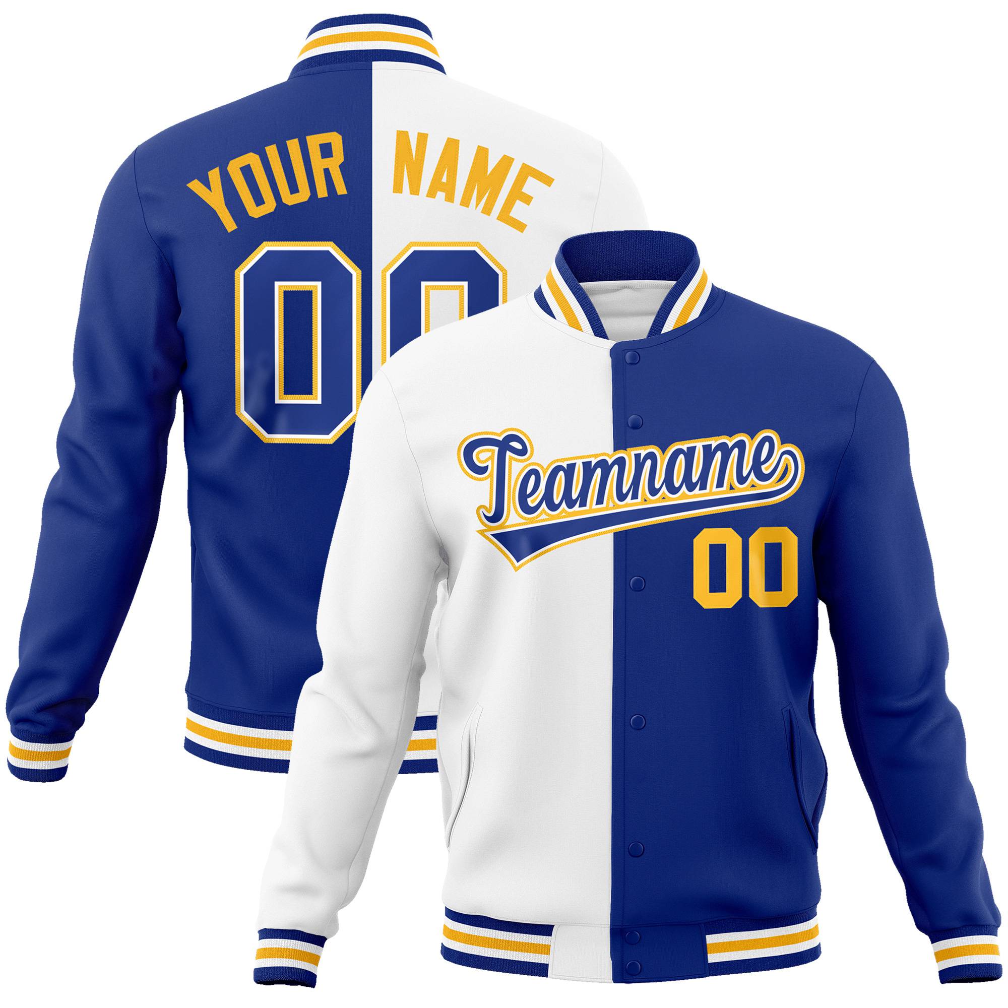 Custom White Thunder-Blue Gold Bomber Full-Snap Varsity Letterman Split Fashion Jacket