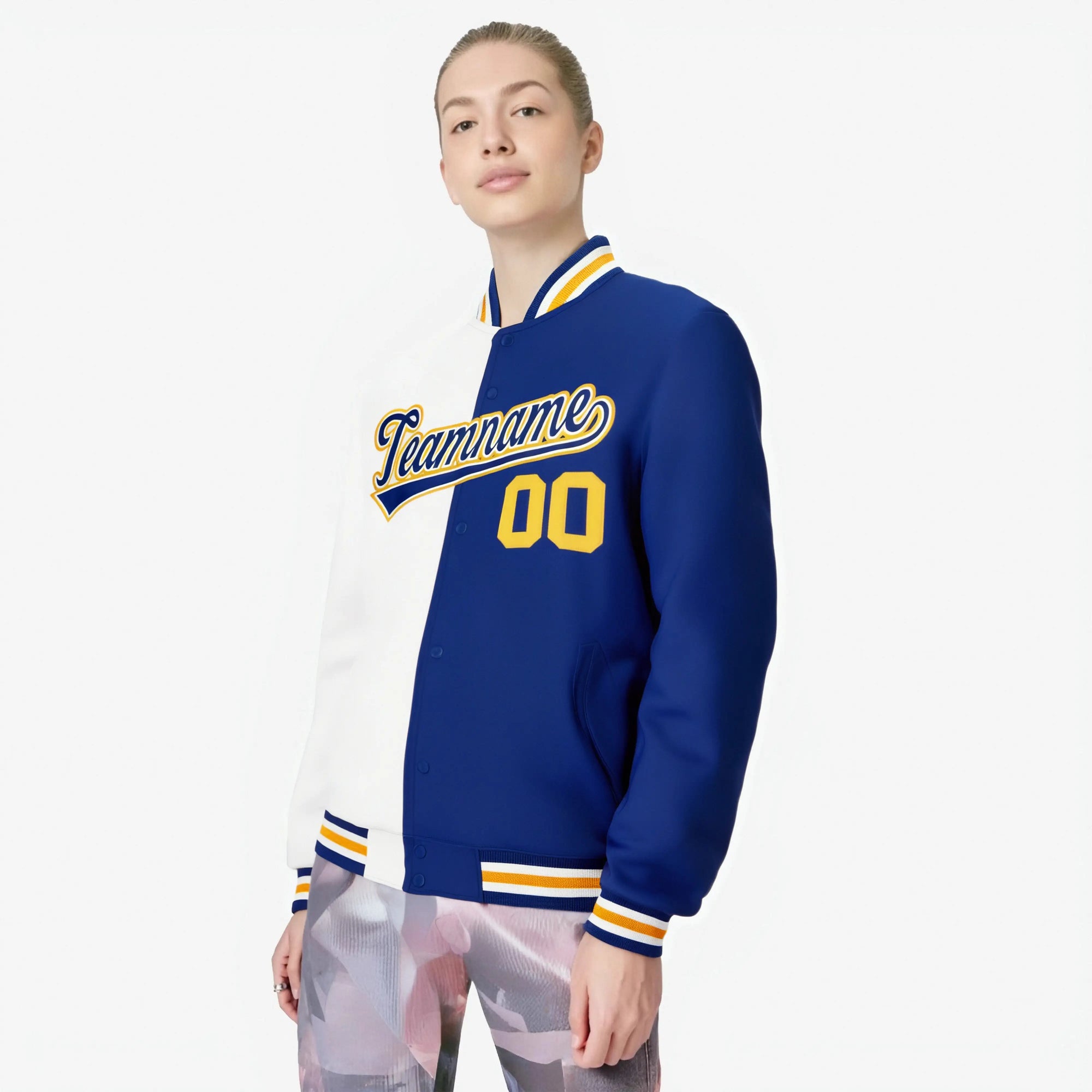 Custom White Thunder-Blue Gold Bomber Full-Snap Varsity Letterman Split Fashion Jacket