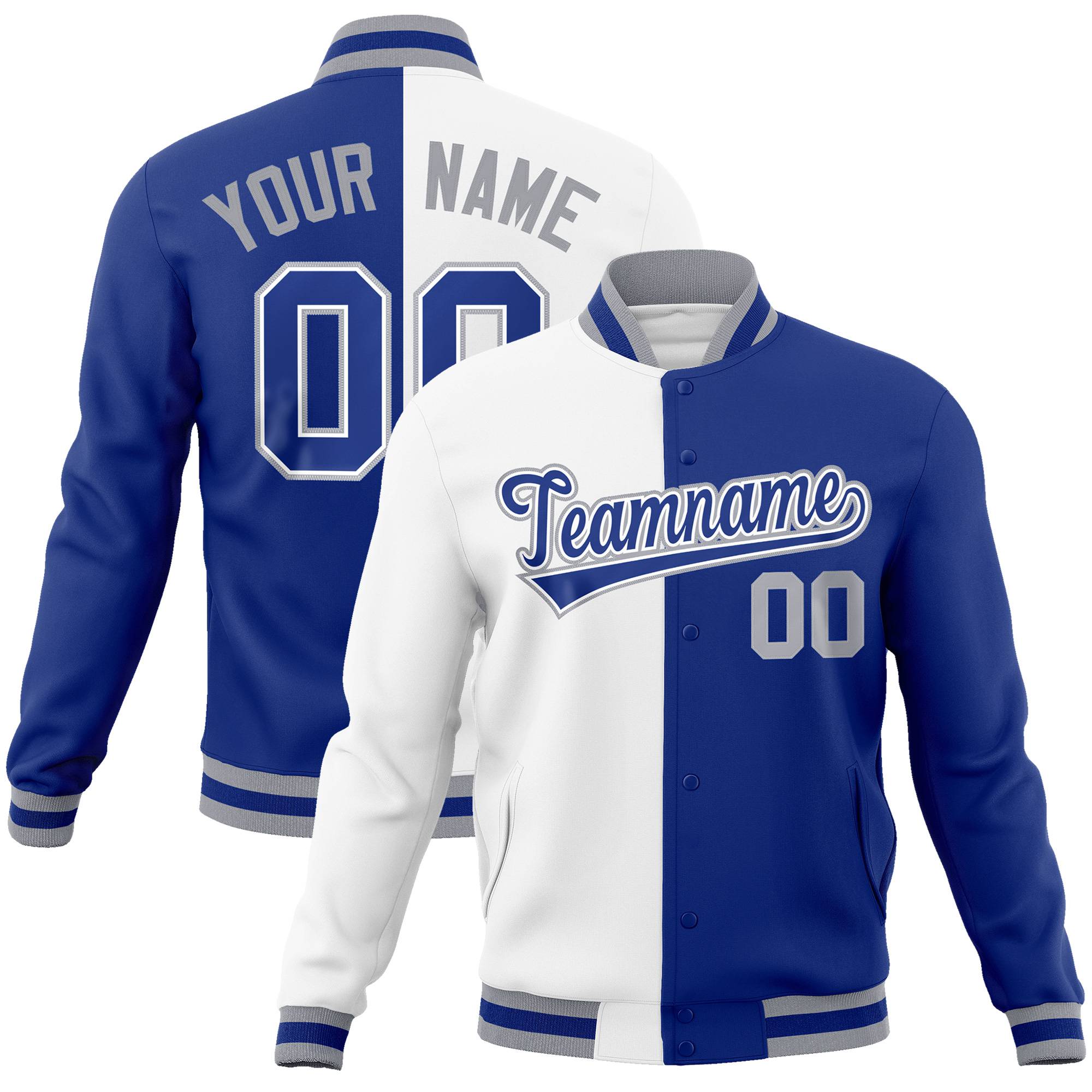 Custom White Thunder-Blue Gray Bomber Full-Snap Varsity Letterman Split Fashion Jacket