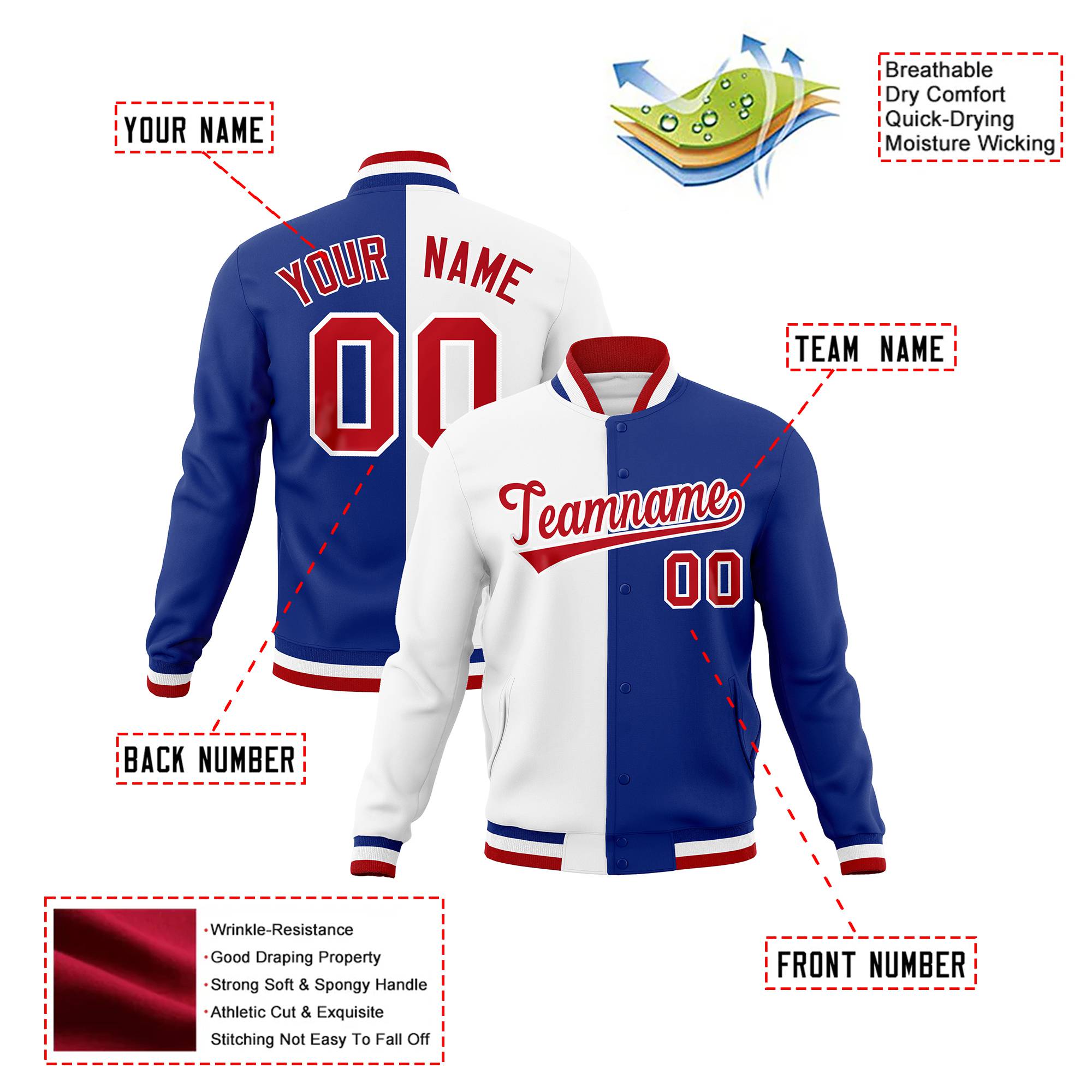 Custom White Thunder-Blue Red Bomber Full-Snap Varsity Letterman Split Fashion Jacket