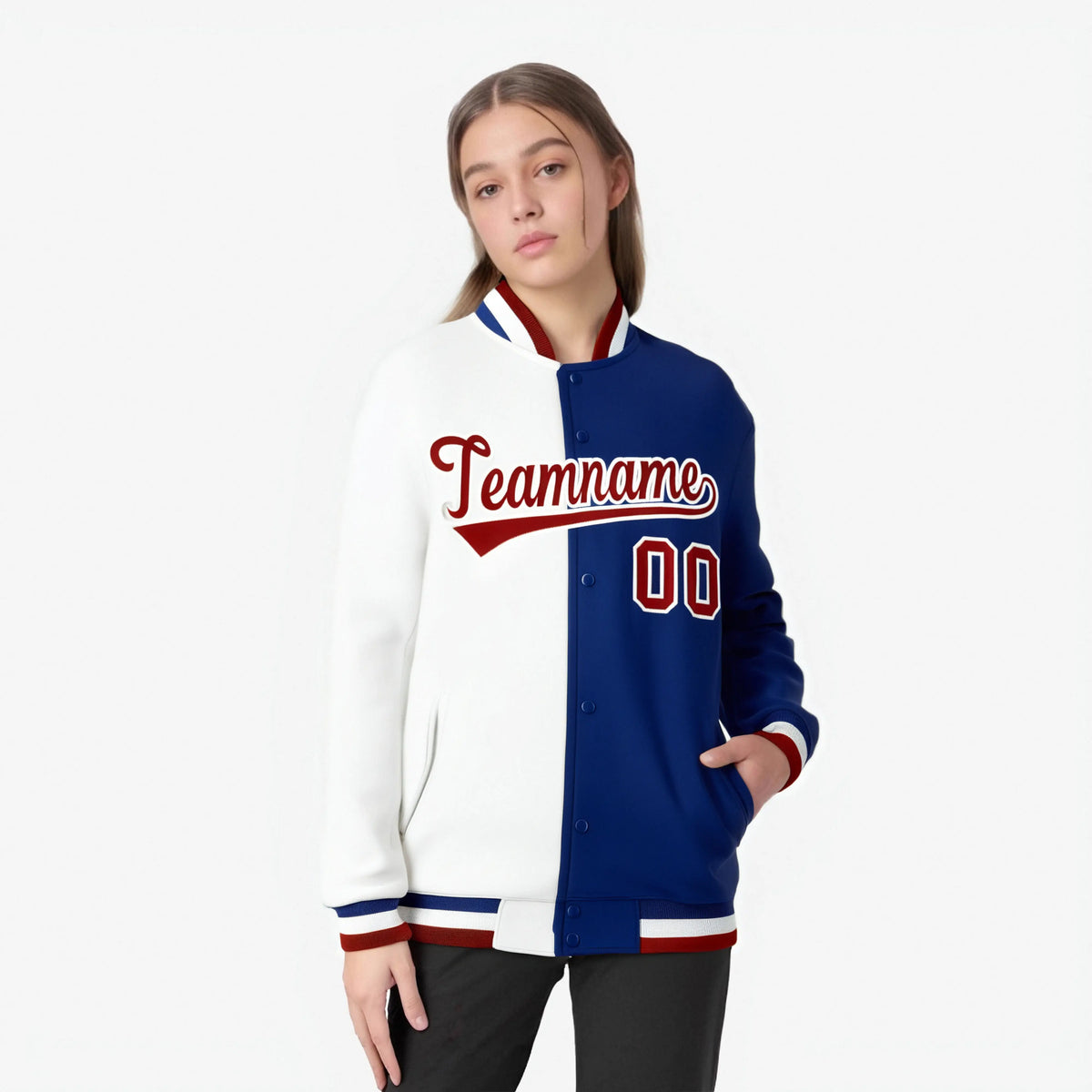 Custom White Thunder-Blue Red Bomber Full-Snap Varsity Letterman Split Fashion Jacket