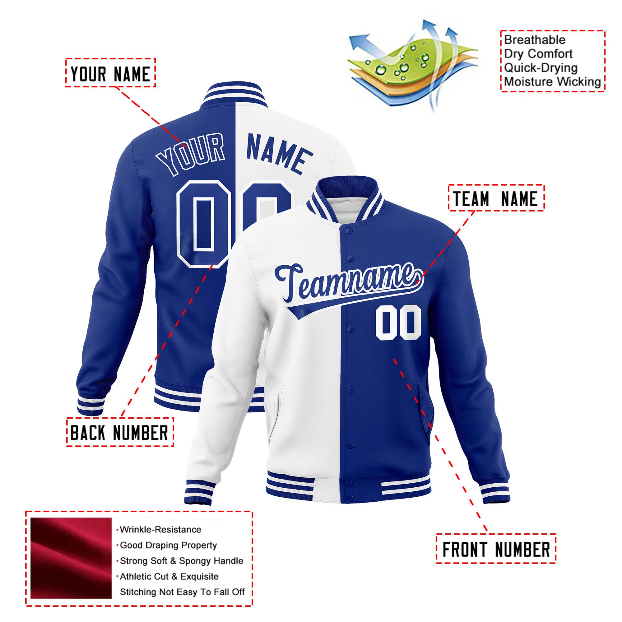 Custom White Thunder-Blue White Bomber Full-Snap Varsity Letterman Split Fashion Jacket