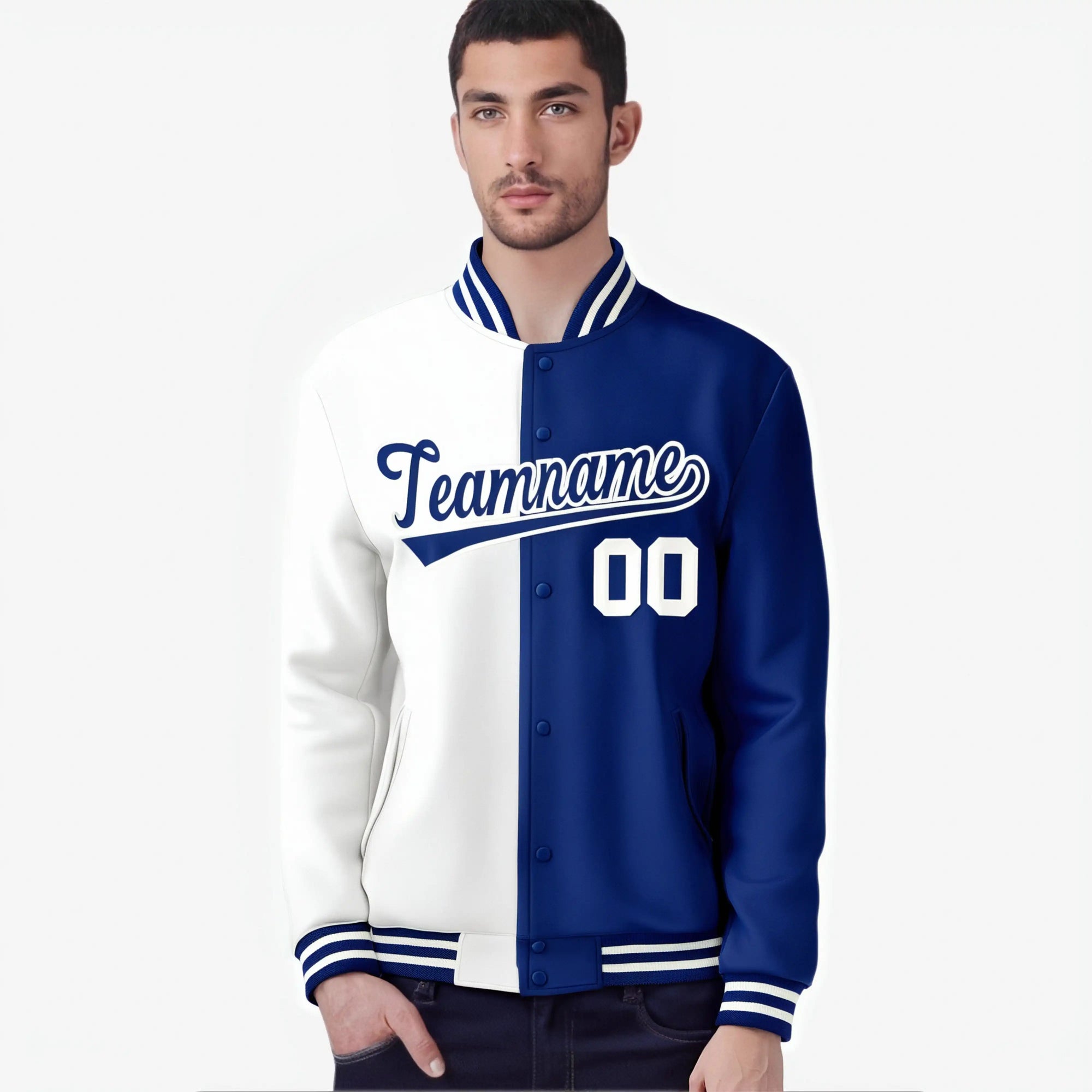 Custom White Thunder-Blue White Bomber Full-Snap Varsity Letterman Split Fashion Jacket