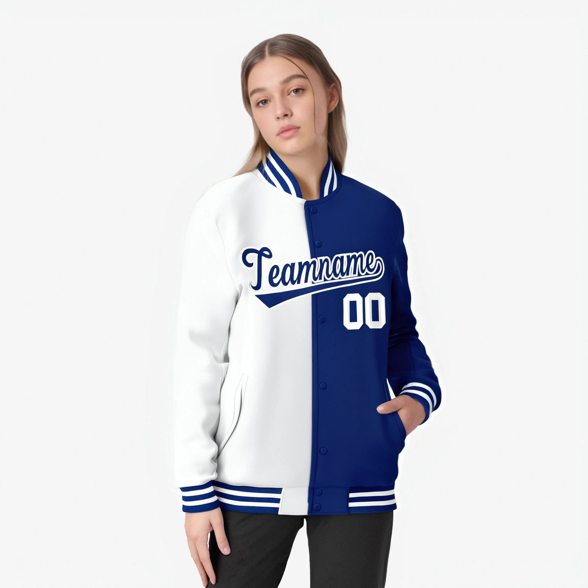 Custom White Thunder-Blue White Bomber Full-Snap Varsity Letterman Split Fashion Jacket