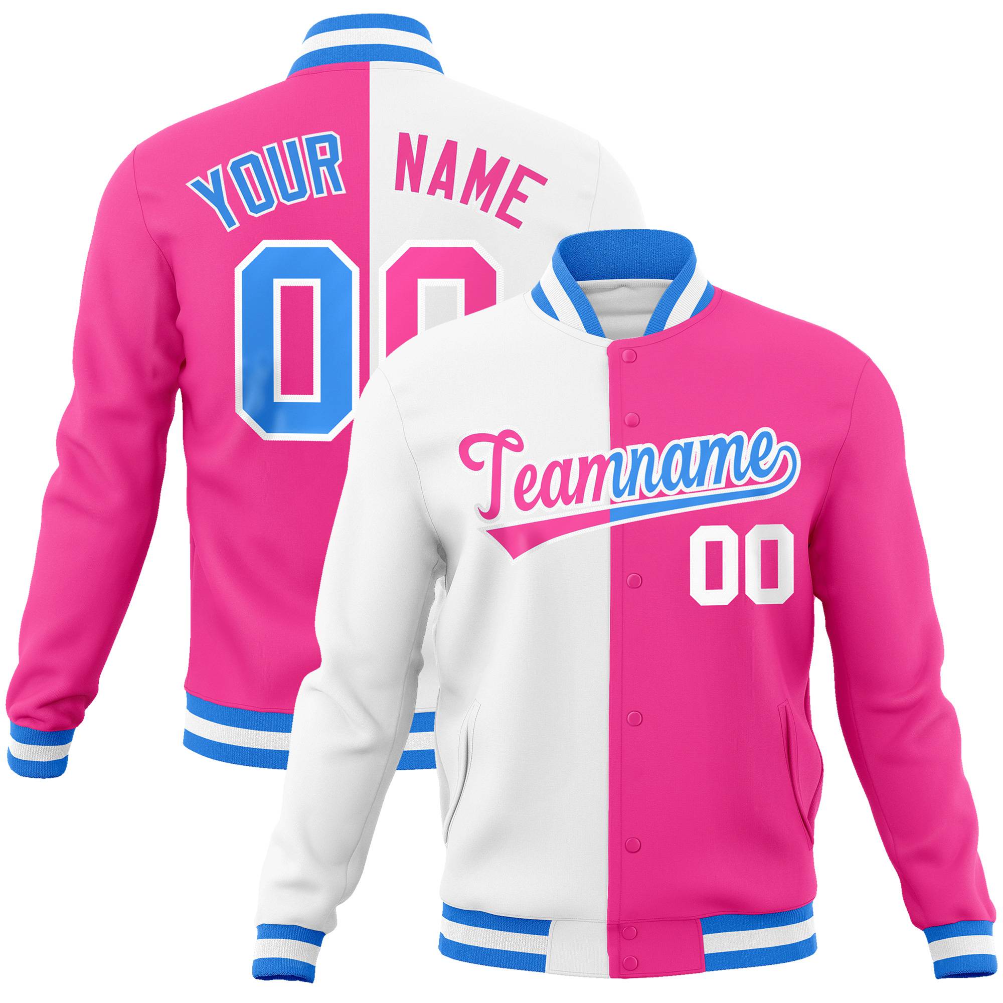 Custom White Pink Ligth-Blue Bomber Full-Snap Varsity Letterman Split Fashion Jacket