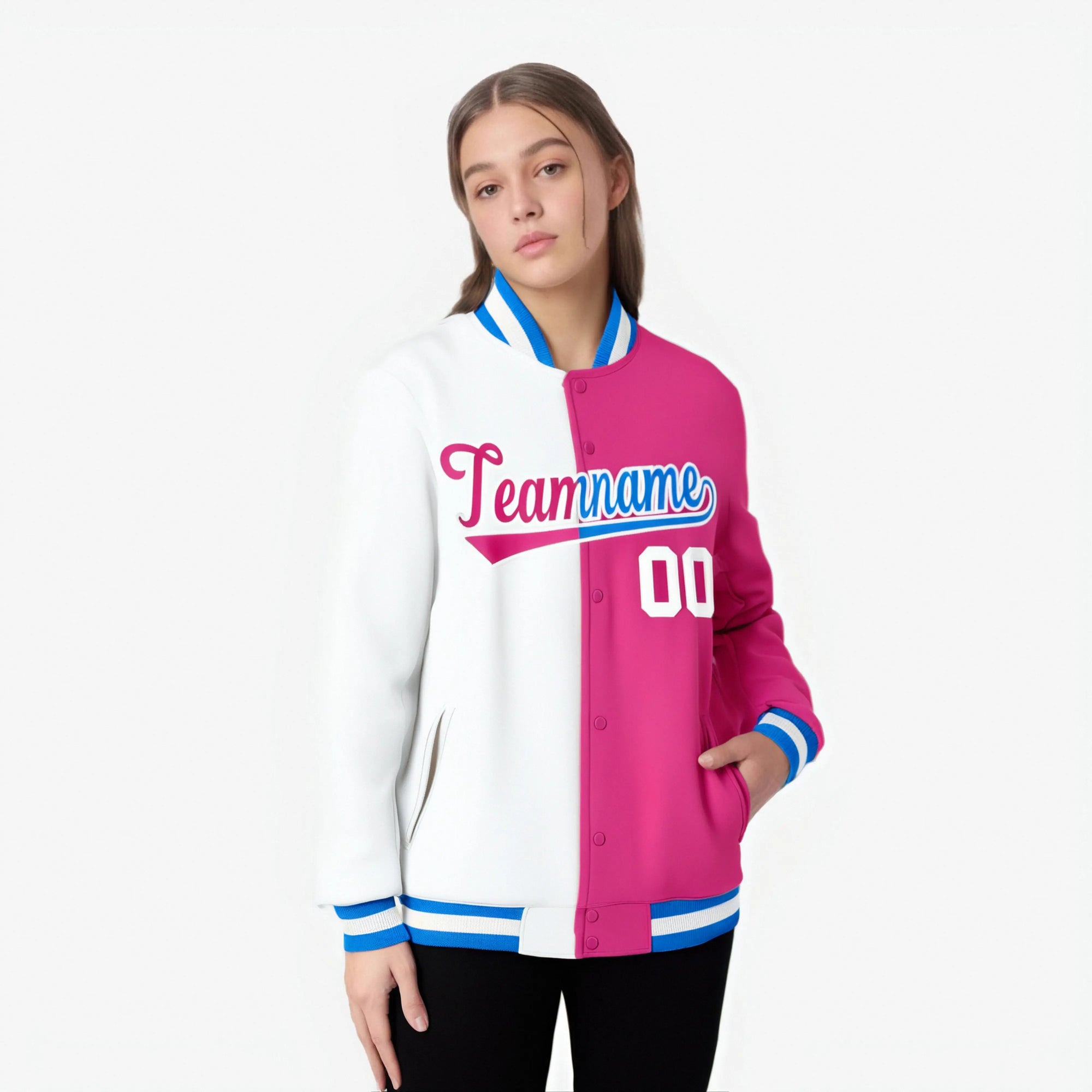 Custom White Pink Ligth-Blue Bomber Full-Snap Varsity Letterman Split Fashion Jacket