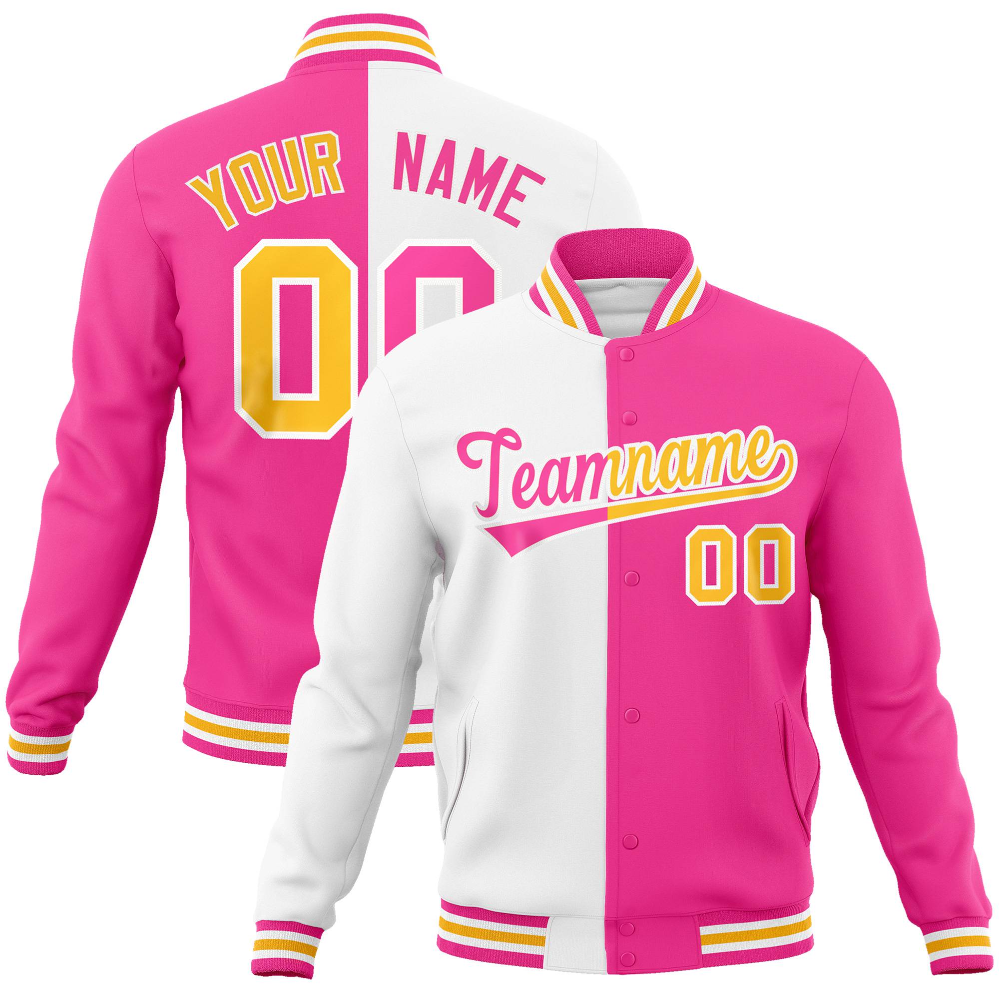 Custom White Pink Gold Bomber Full-Snap Varsity Letterman Split Fashion Jacket