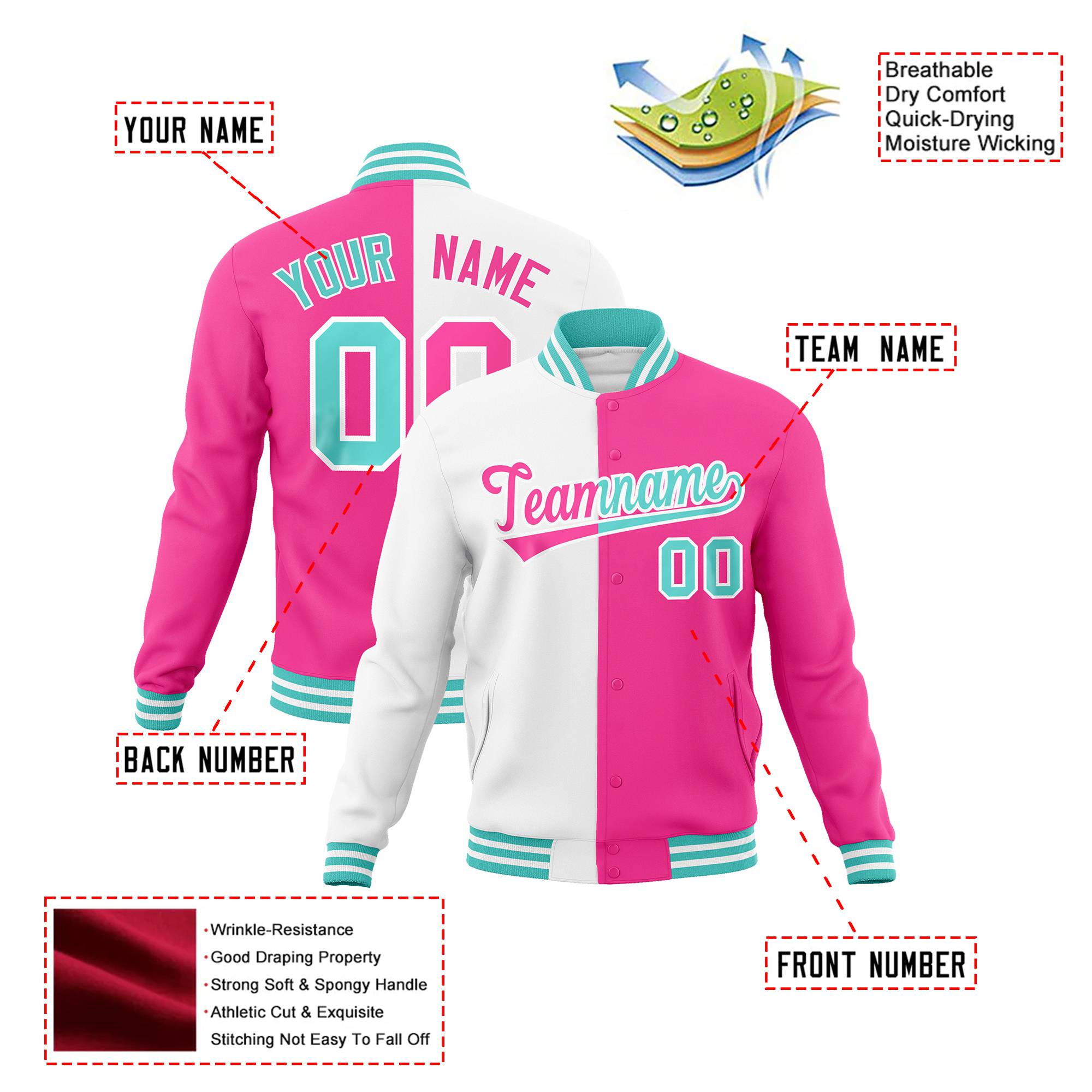 Custom White Pink Aqua Bomber Full-Snap Varsity Letterman Split Fashion Jacket