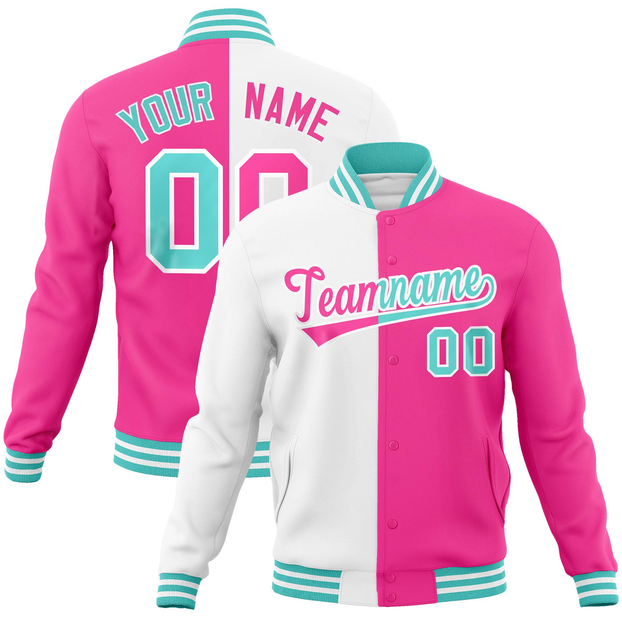 Custom White Pink Aqua Bomber Full-Snap Varsity Letterman Split Fashion Jacket