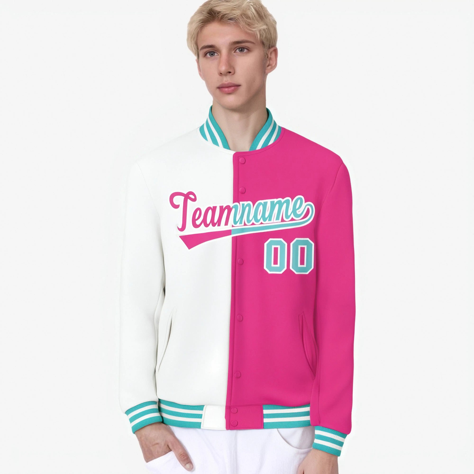 Custom White Pink Aqua Bomber Full-Snap Varsity Letterman Split Fashion Jacket